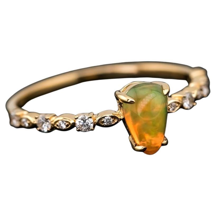 Minimalist Mexican Fire Opal Diamond Engagement Ring 18K Yellow Gold For Sale