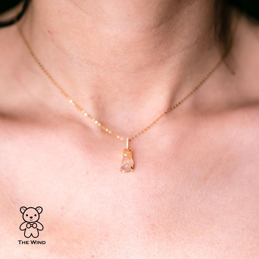 Brilliant Cut Minimalist Mexican Fire Opal Diamond Pendant Necklace 18K Yellow Gold For Sale