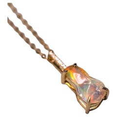 Minimalist Mexican Fire Opal Diamond Pendant Necklace 18K Yellow Gold