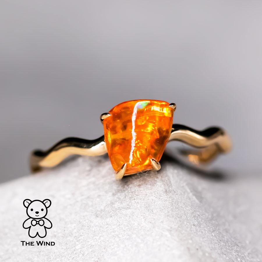 Women's Minimalist Mexican Fire Opal Wedding Band 18K Yellow Gold For Sale