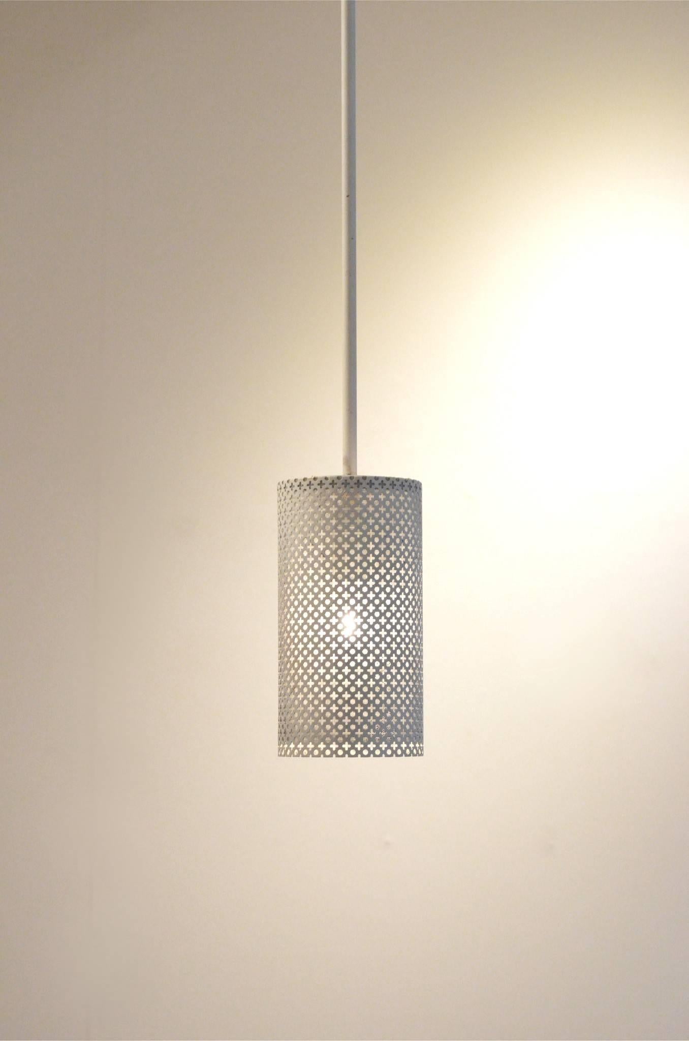 Mid-Century Modern Minimalist Midcentury Design White Perforated Metal Lamp by Pierre Guariche For Sale