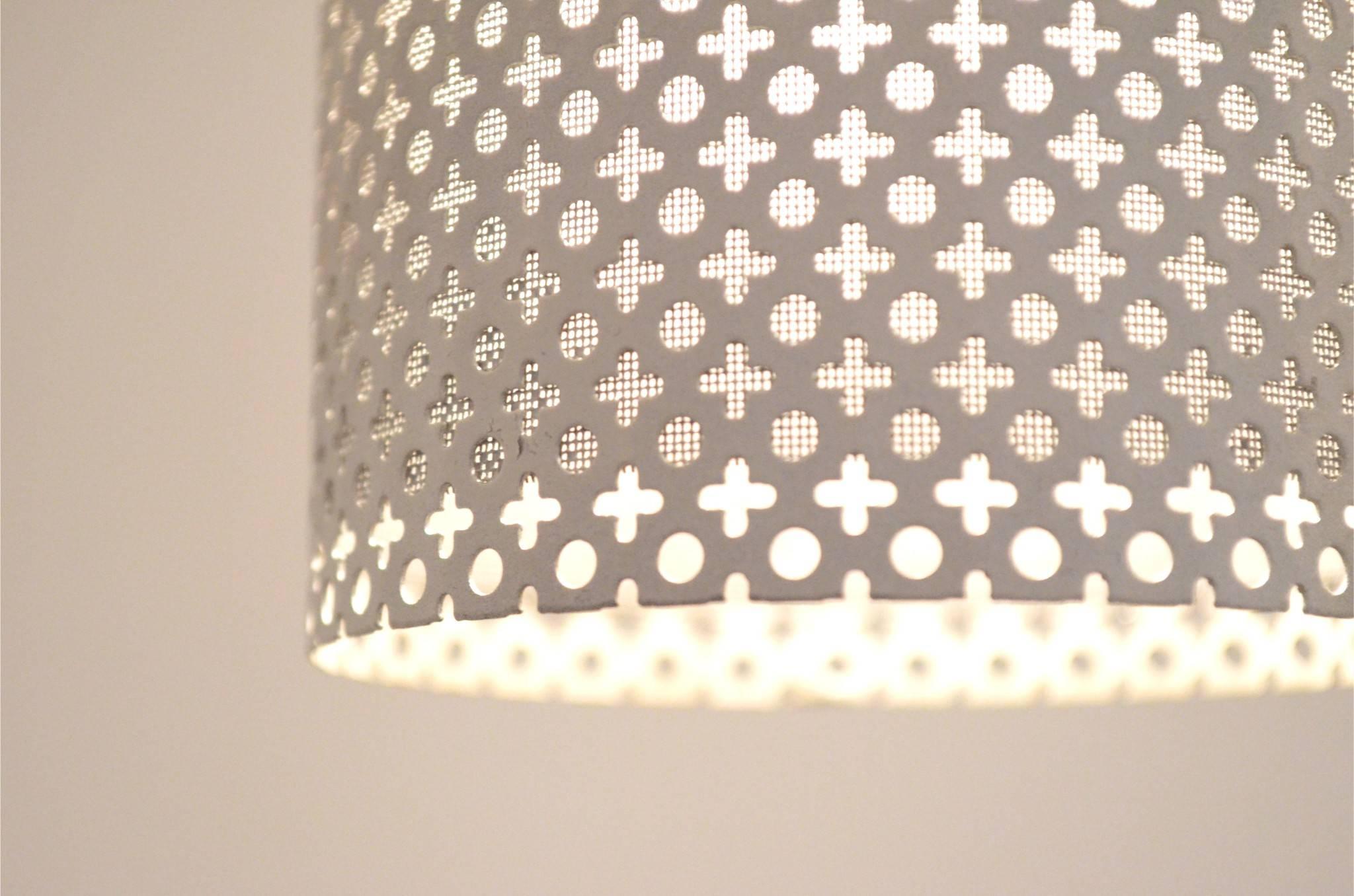 Minimalist Midcentury Design White Perforated Metal Lamp by Pierre Guariche For Sale 1