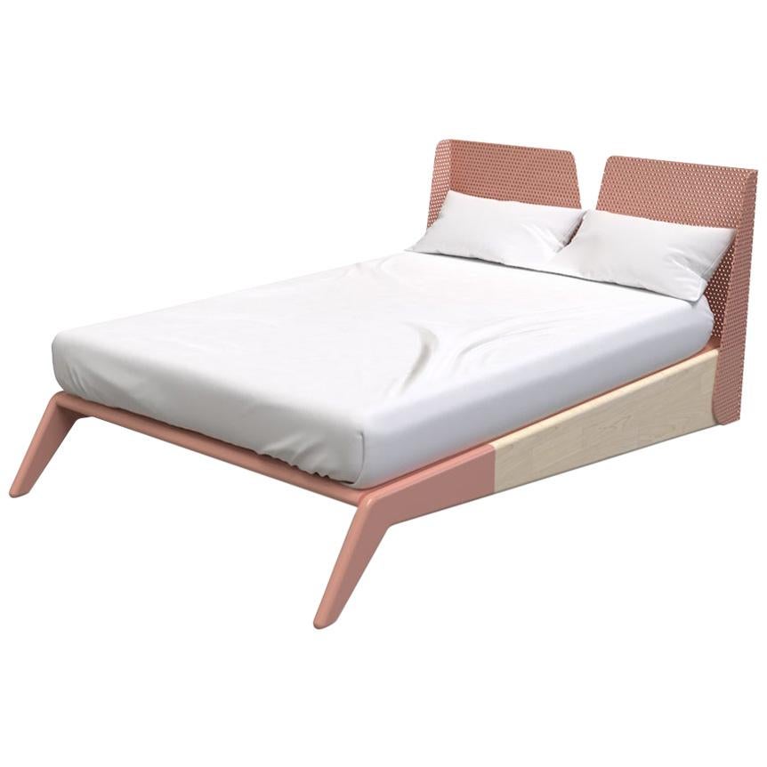 Minimalist Mid-Century Modern Queen Size Bed with Metal Frame and Solid Wood For Sale