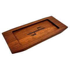 Minimalist Mid-Century Scandinavian Teak Desk Tray with Dark Hardwood Inlay