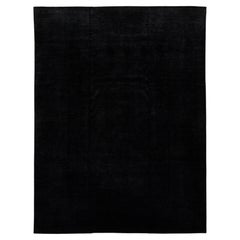 Minimalist Midnight Black Overdyed Area Rug - Modern Hand-Knotted Wool 12 x 15