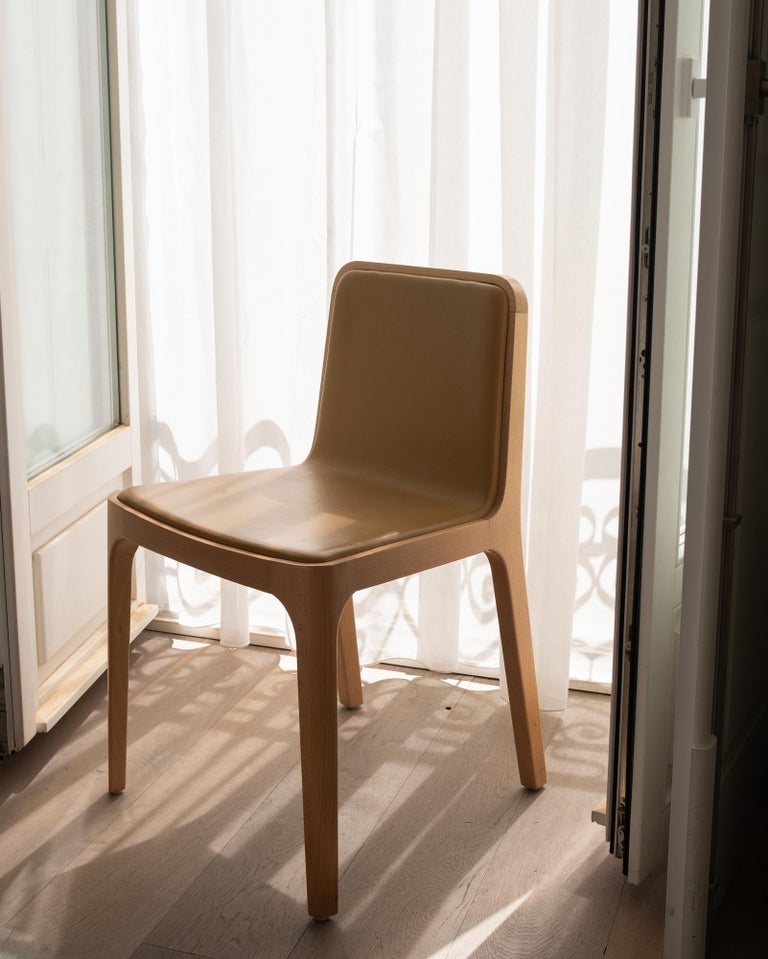 Image showcasing Minimalist Modern Chair in Beech Wood Leather Upholstery For Sale at ...