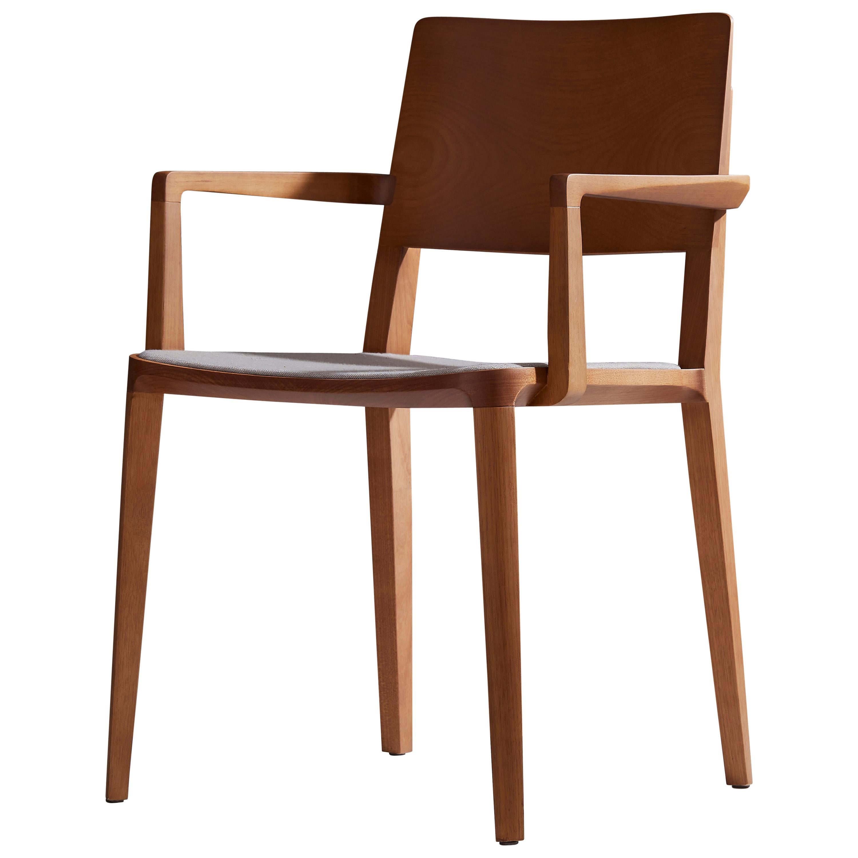 Minimalist Modern Chair in Natural Solid Wood Upholstered Seating with Arms