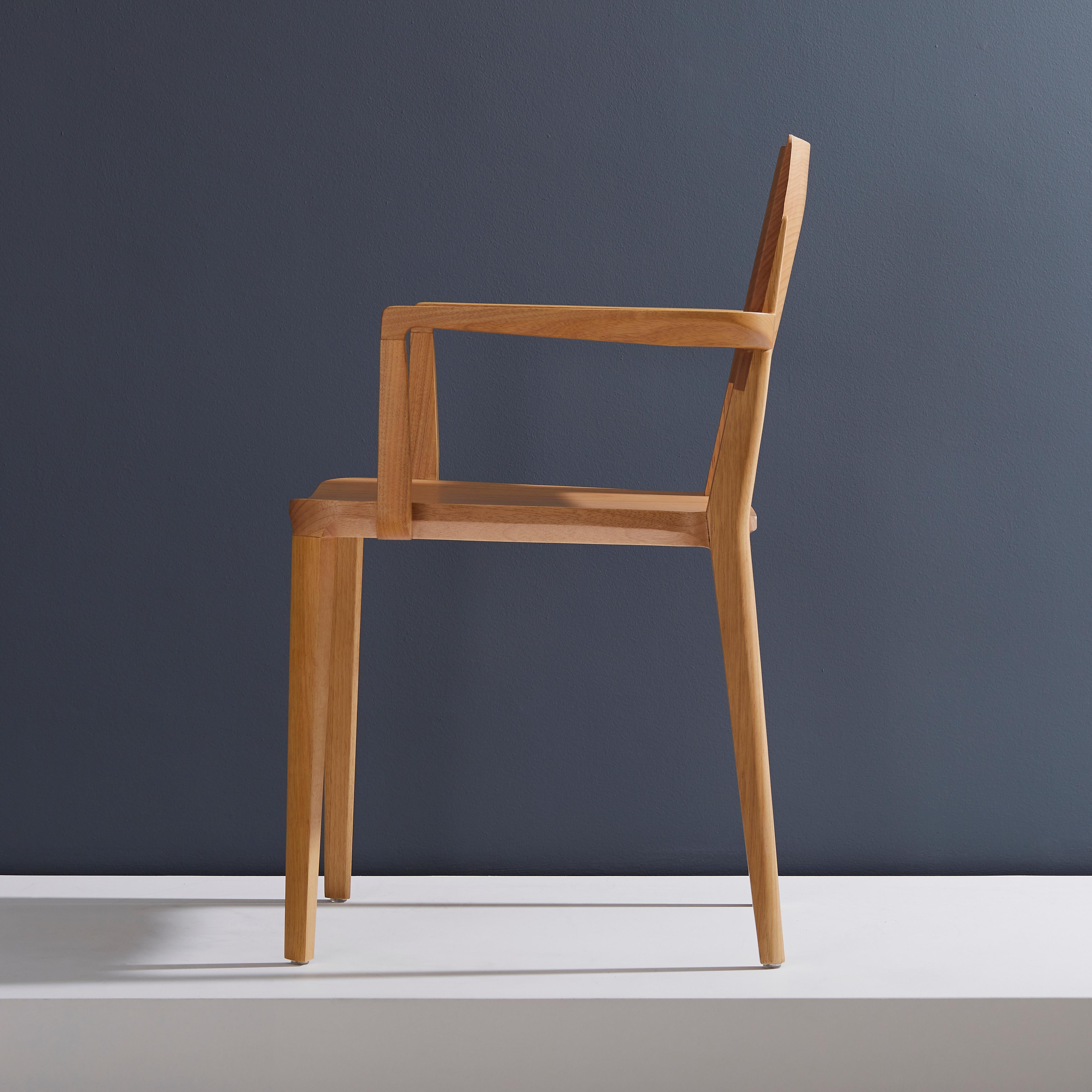 Brazilian Minimalist Modern Chair in Natural Solid Wood with Arms For Sale