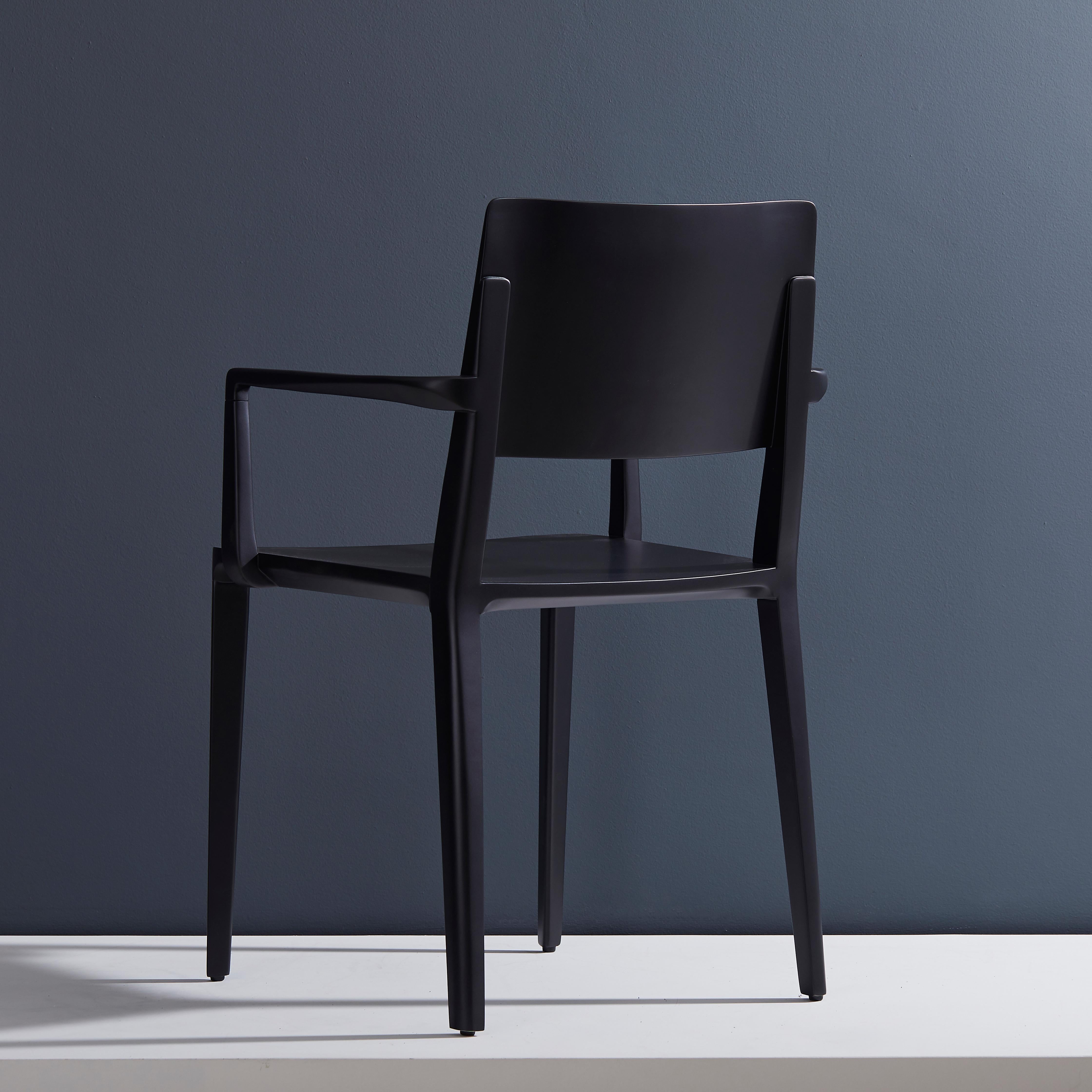 Brazilian Minimalist Modern Chair in Solid Wood Black Finish with Arms For Sale