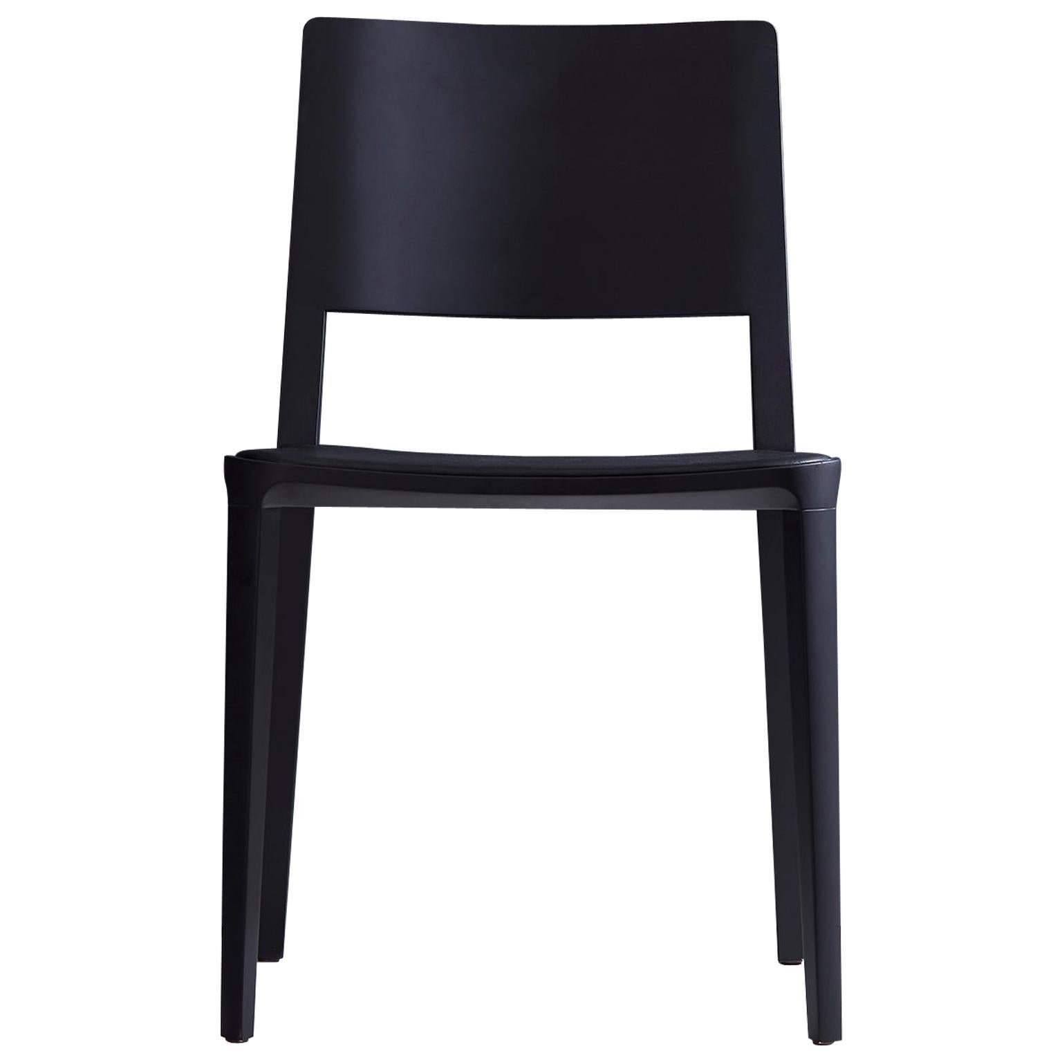 Minimalist Modern Chair in Solid Wood Solid Black Finish, Leather Seating For Sale