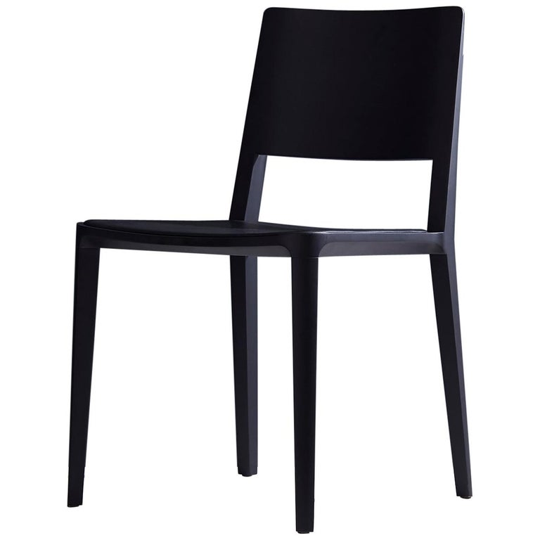 Minimalist Modern Chair in Solid Wood Solid Black Finish, Leather Seating For Sale