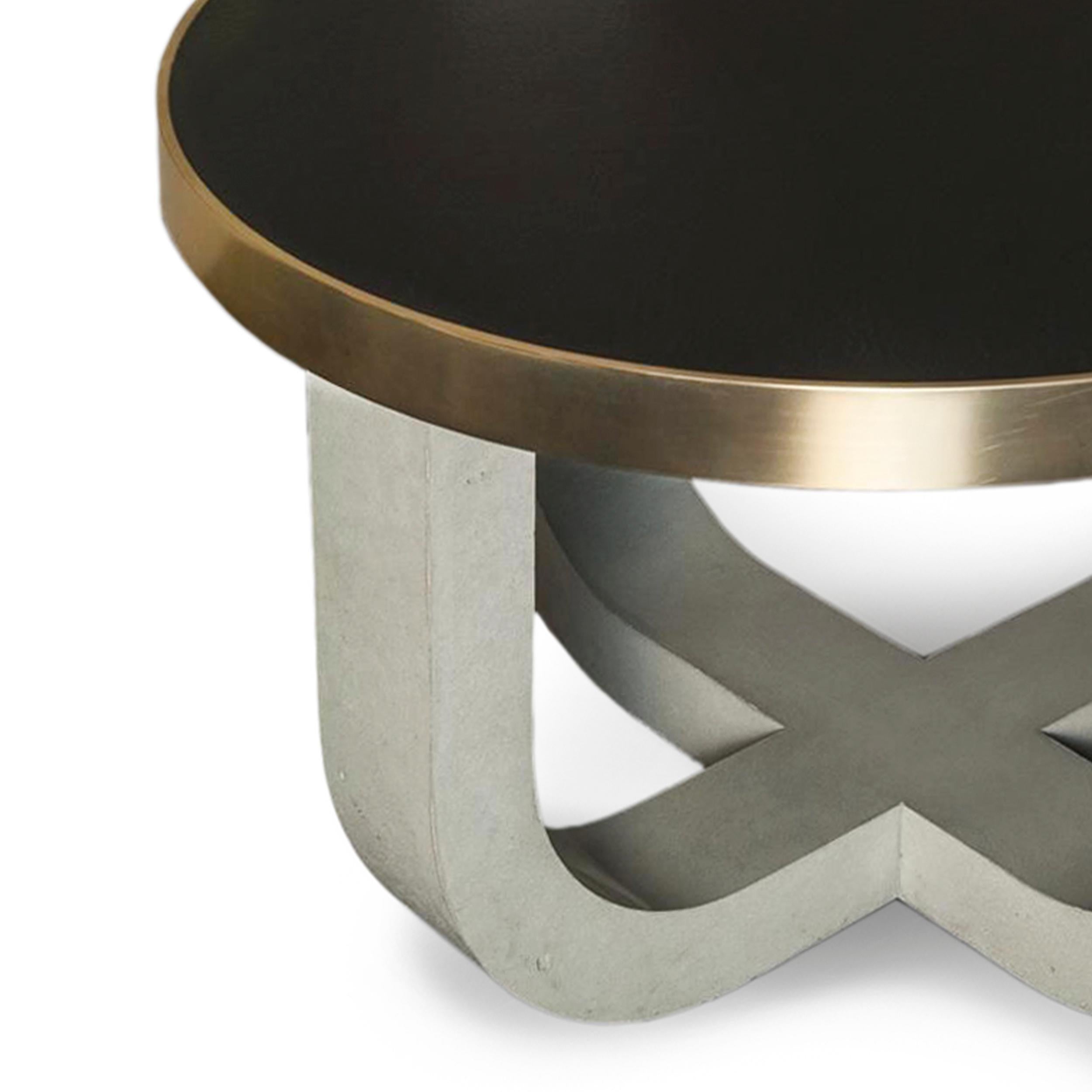 American Minimalist Modern Concrete Leather-top Round Coffee Table with Brass Detail For Sale