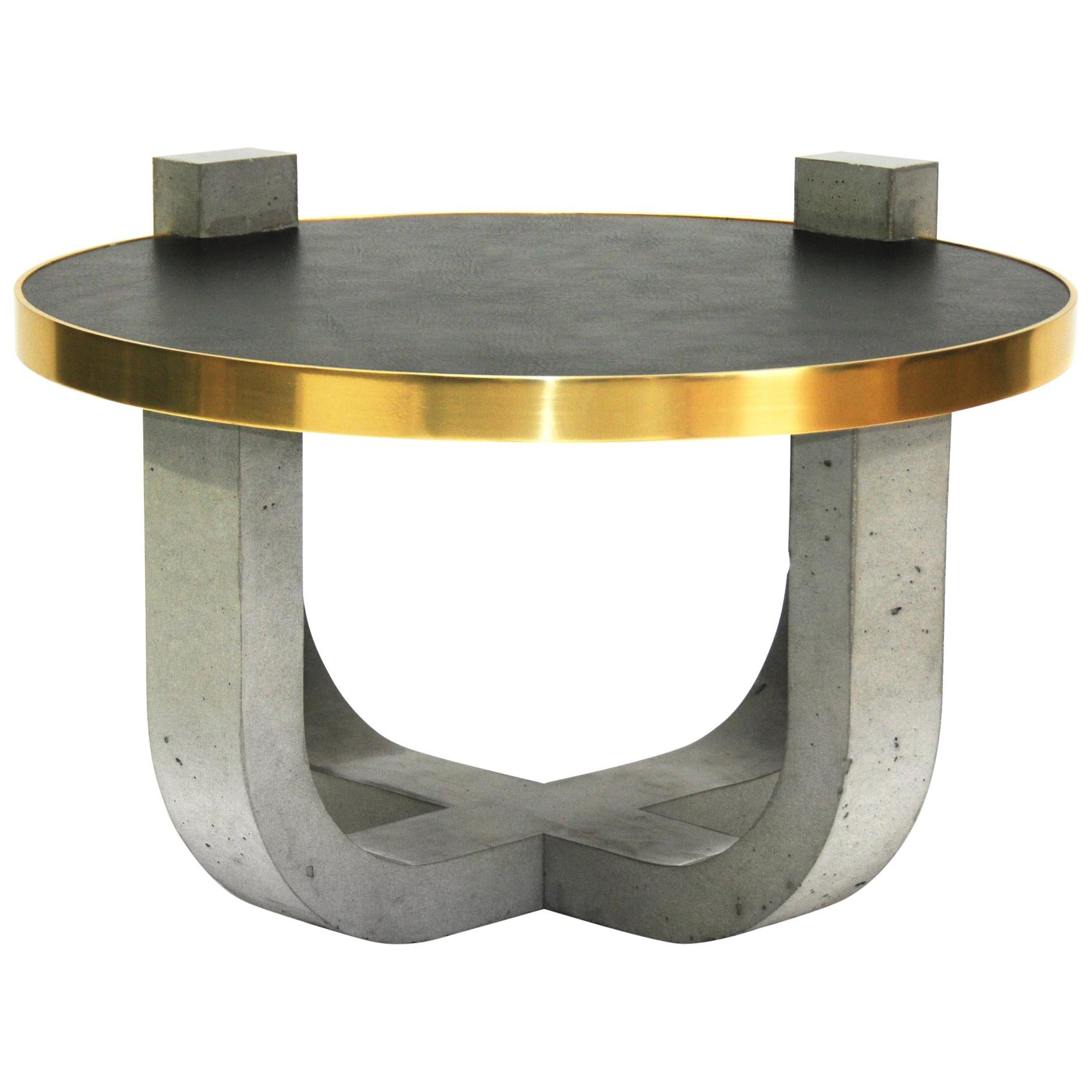 Minimalist Modern Concrete Leather-top Round Coffee Table with Brass Detail