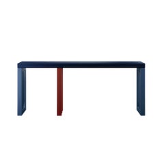 Minimalist Modern Console Table Three Legs Wood Blue and Red Matte Lacquer