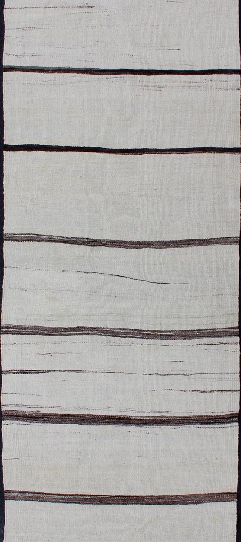 Turkish Minimalist Modern Design Flat-Weave Kilim with Stripes of Brown on Ivory Ground 