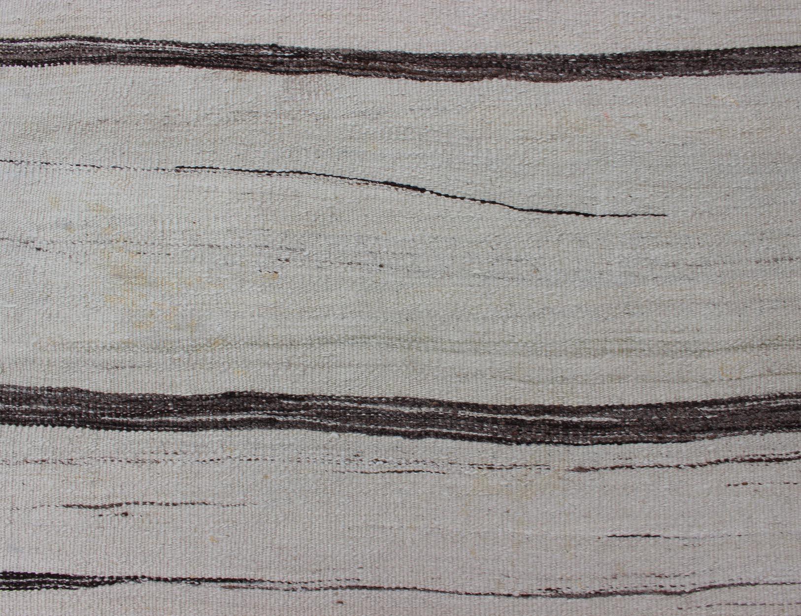 20th Century Minimalist Modern Design Flat-Weave Kilim with Stripes of Brown on Ivory Ground 