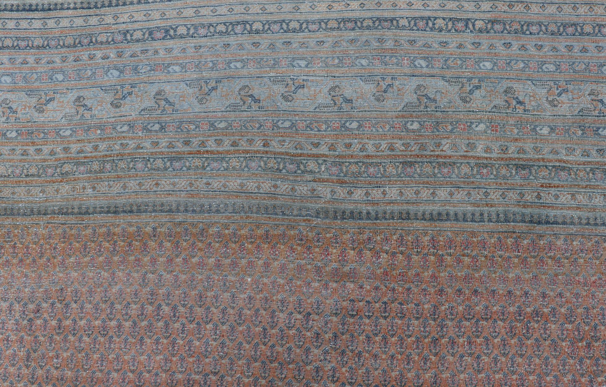  Minimalist Design Persian Tabriz Rug with Soft Orange Background, Silver & Blue For Sale 6