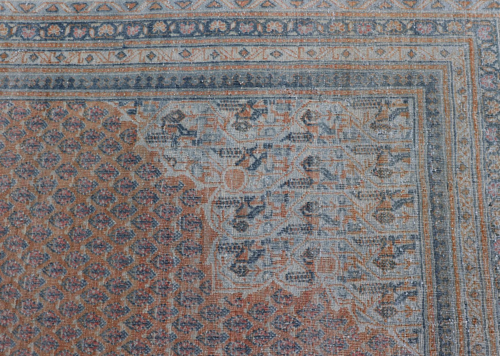  Minimalist Design Persian Tabriz Rug with Soft Orange Background, Silver & Blue For Sale 7
