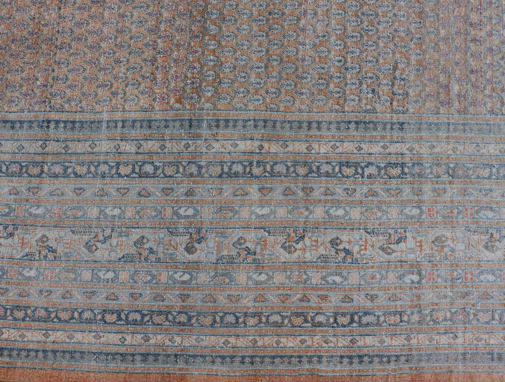  Minimalist Design Persian Tabriz Rug with Soft Orange Background, Silver & Blue For Sale 9