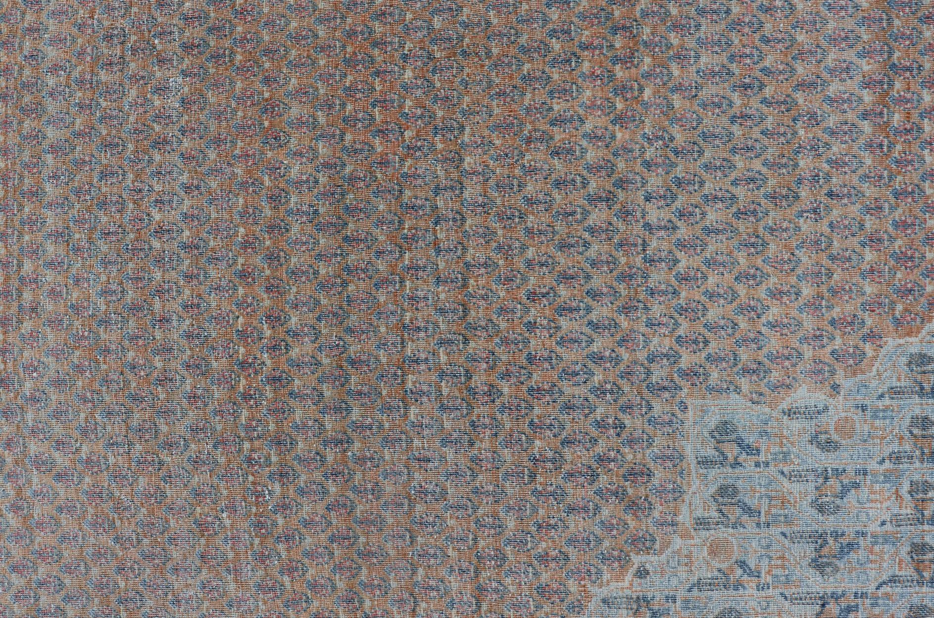  Minimalist Design Persian Tabriz Rug with Soft Orange Background, Silver & Blue For Sale 10