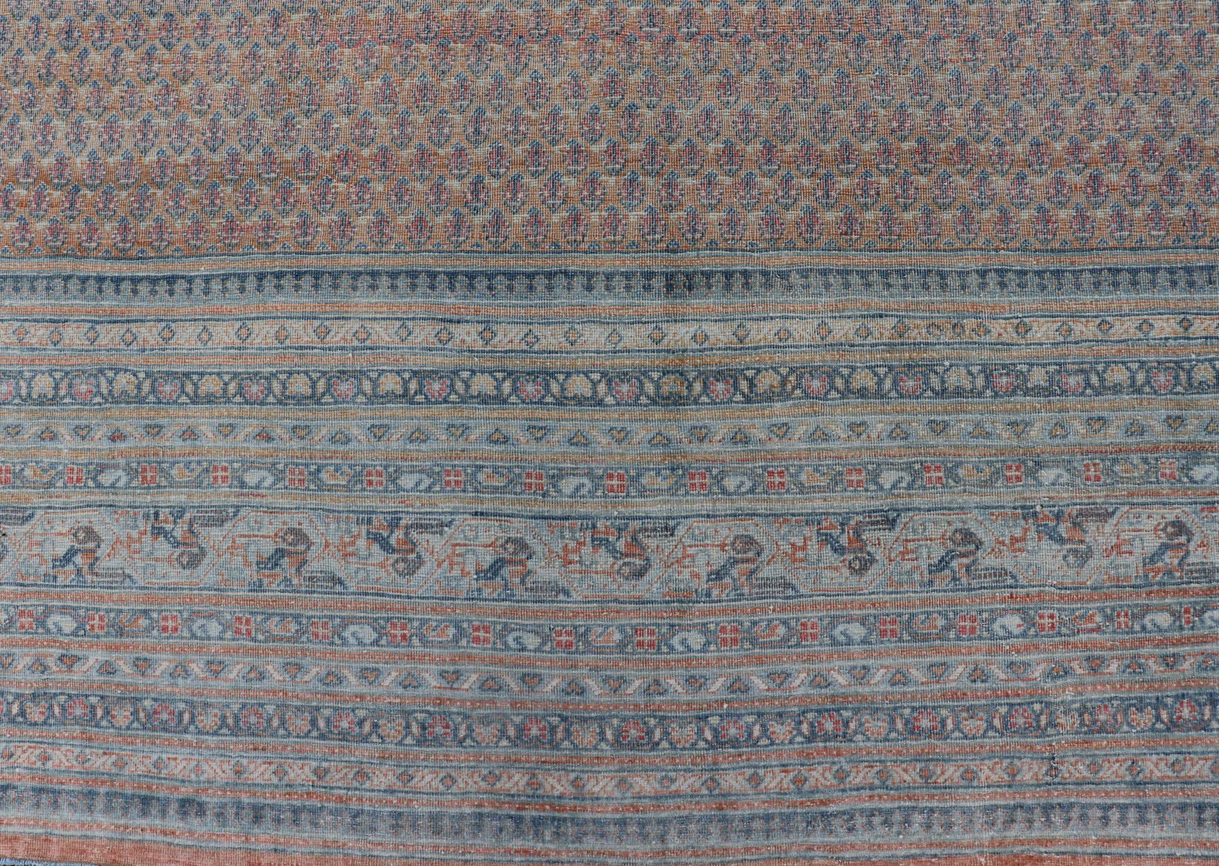  Minimalist Design Persian Tabriz Rug with Soft Orange Background, Silver & Blue For Sale 11