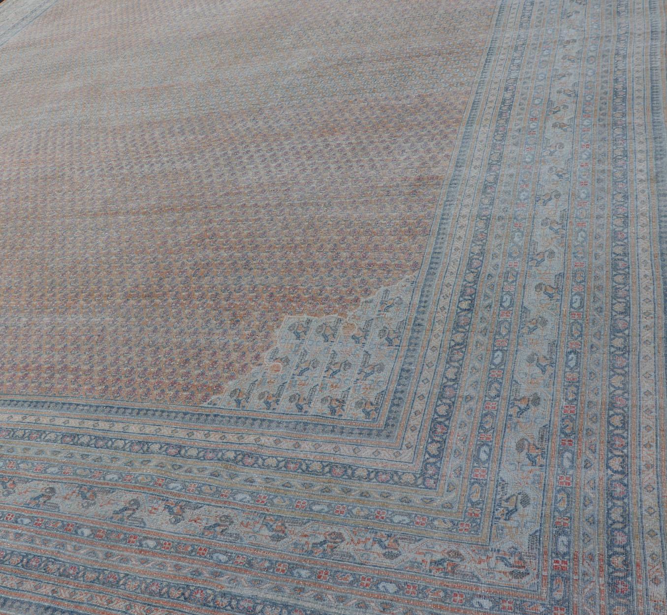 Hand-Knotted  Minimalist Design Persian Tabriz Rug with Soft Orange Background, Silver & Blue For Sale