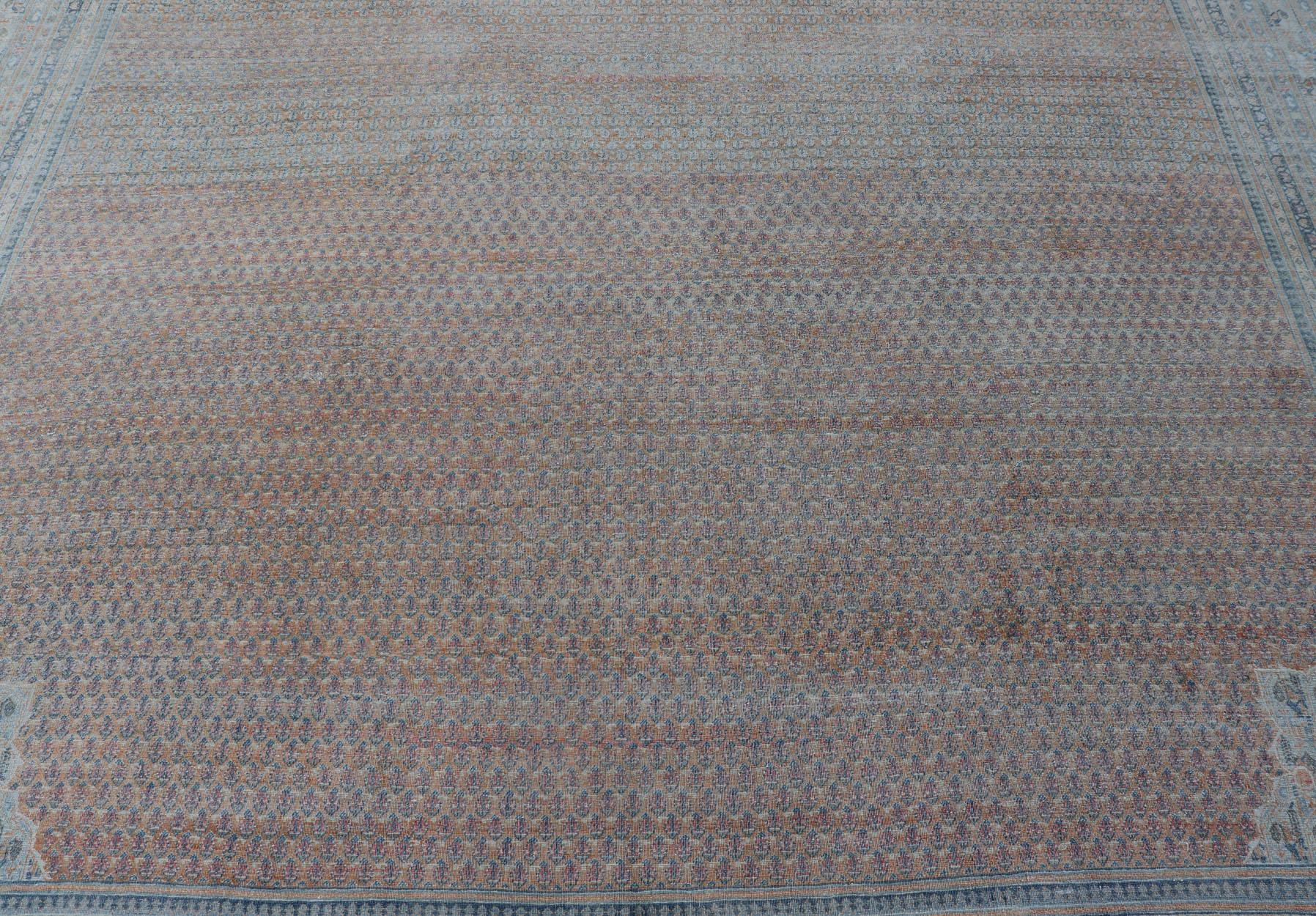 Wool  Minimalist Design Persian Tabriz Rug with Soft Orange Background, Silver & Blue For Sale