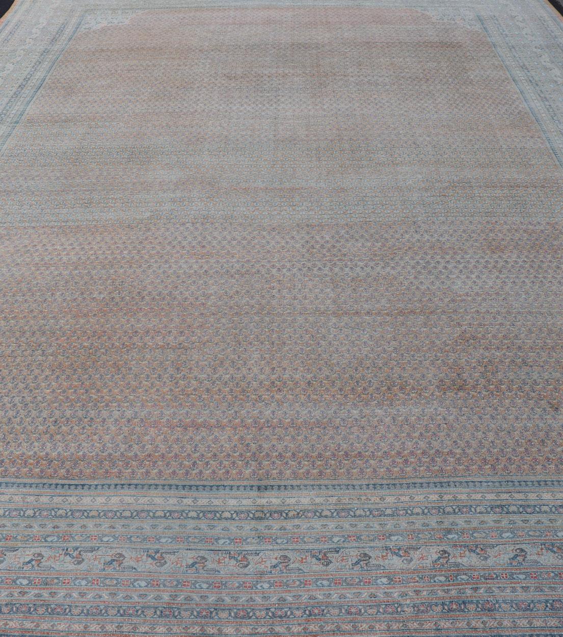  Minimalist Design Persian Tabriz Rug with Soft Orange Background, Silver & Blue For Sale 1