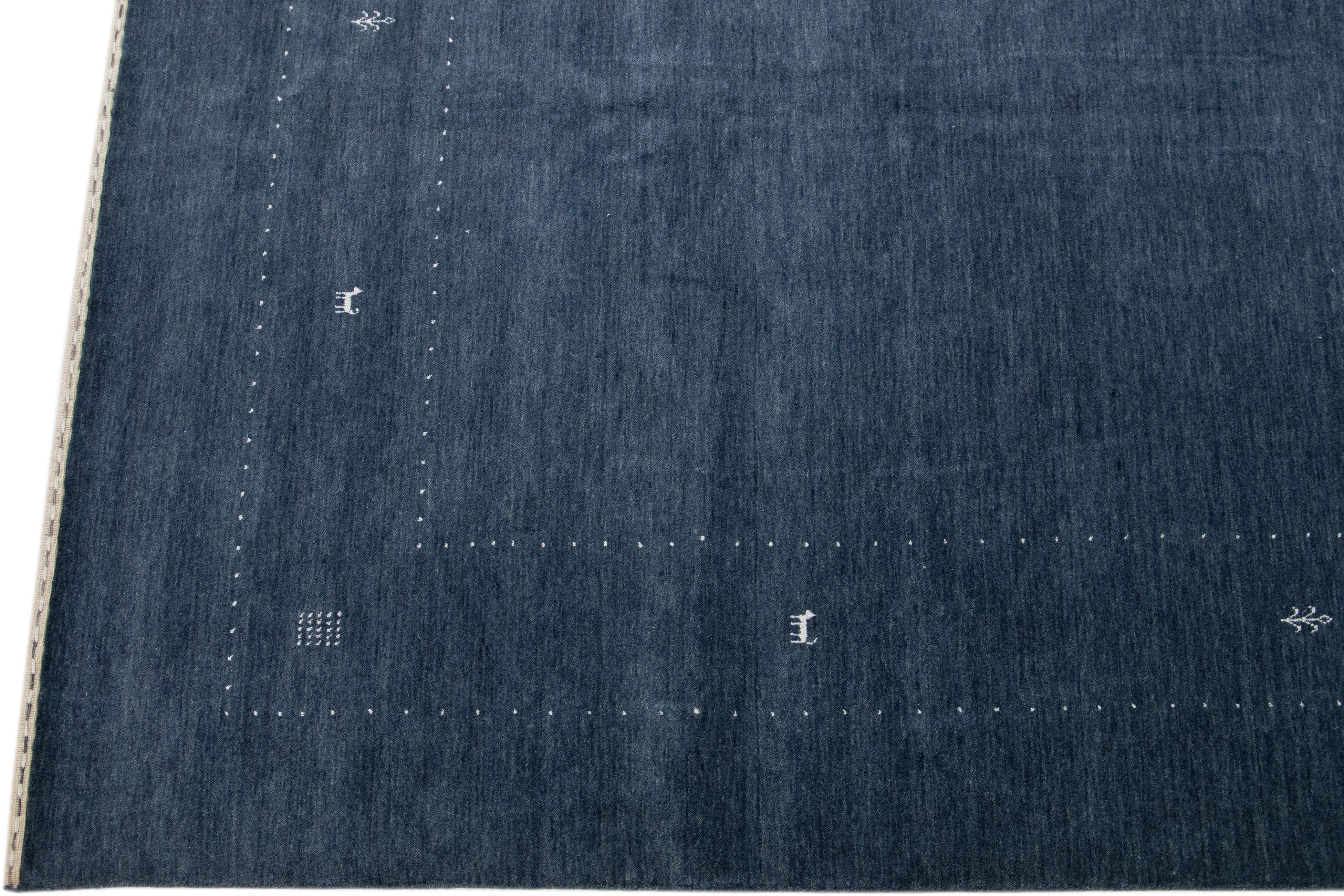 Indian Minimalist Modern Gabbeh Handmade Persian Wool Rug with a Blue Field For Sale