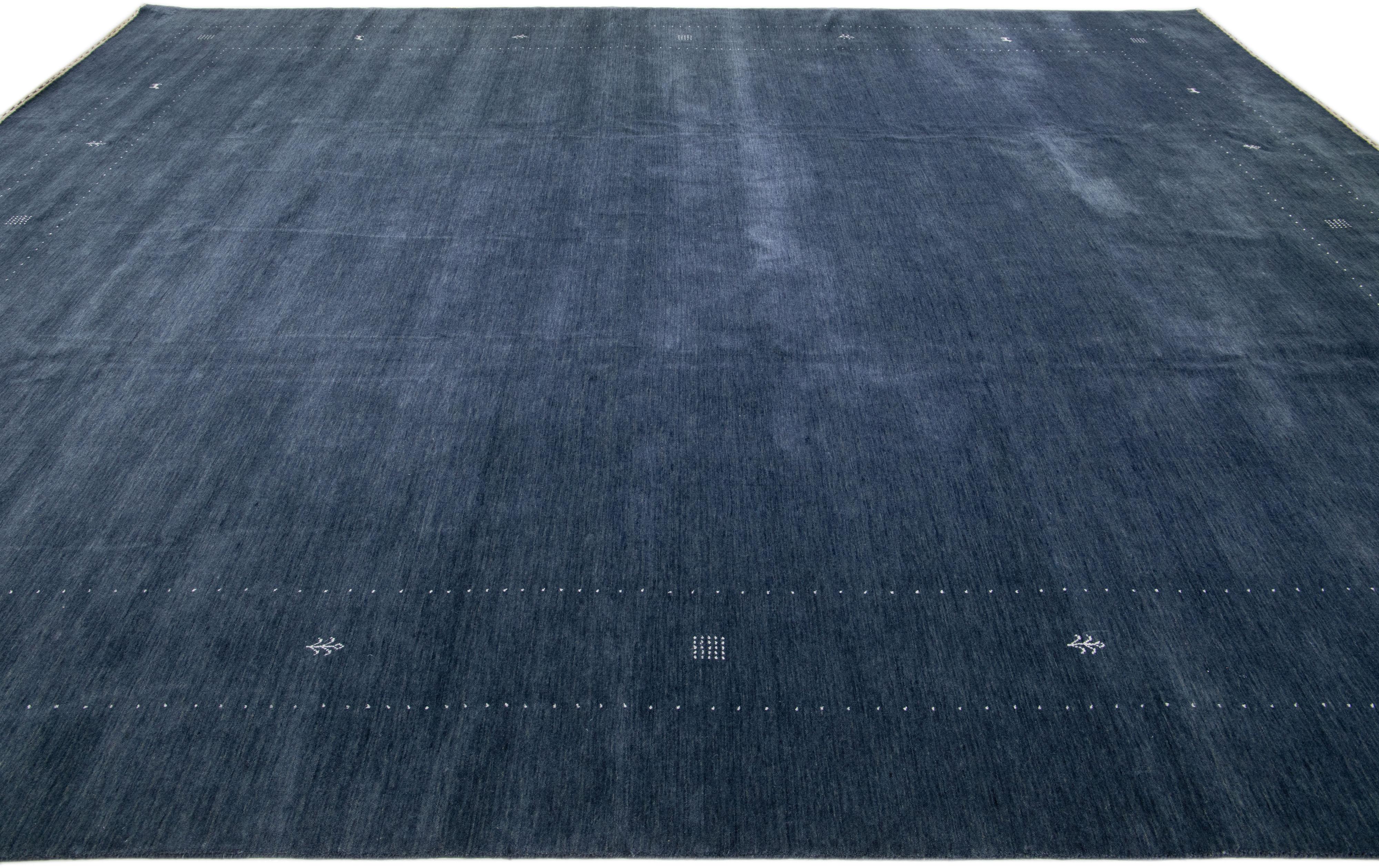 Hand-Woven Minimalist Modern Gabbeh Handmade Persian Wool Rug with a Blue Field For Sale