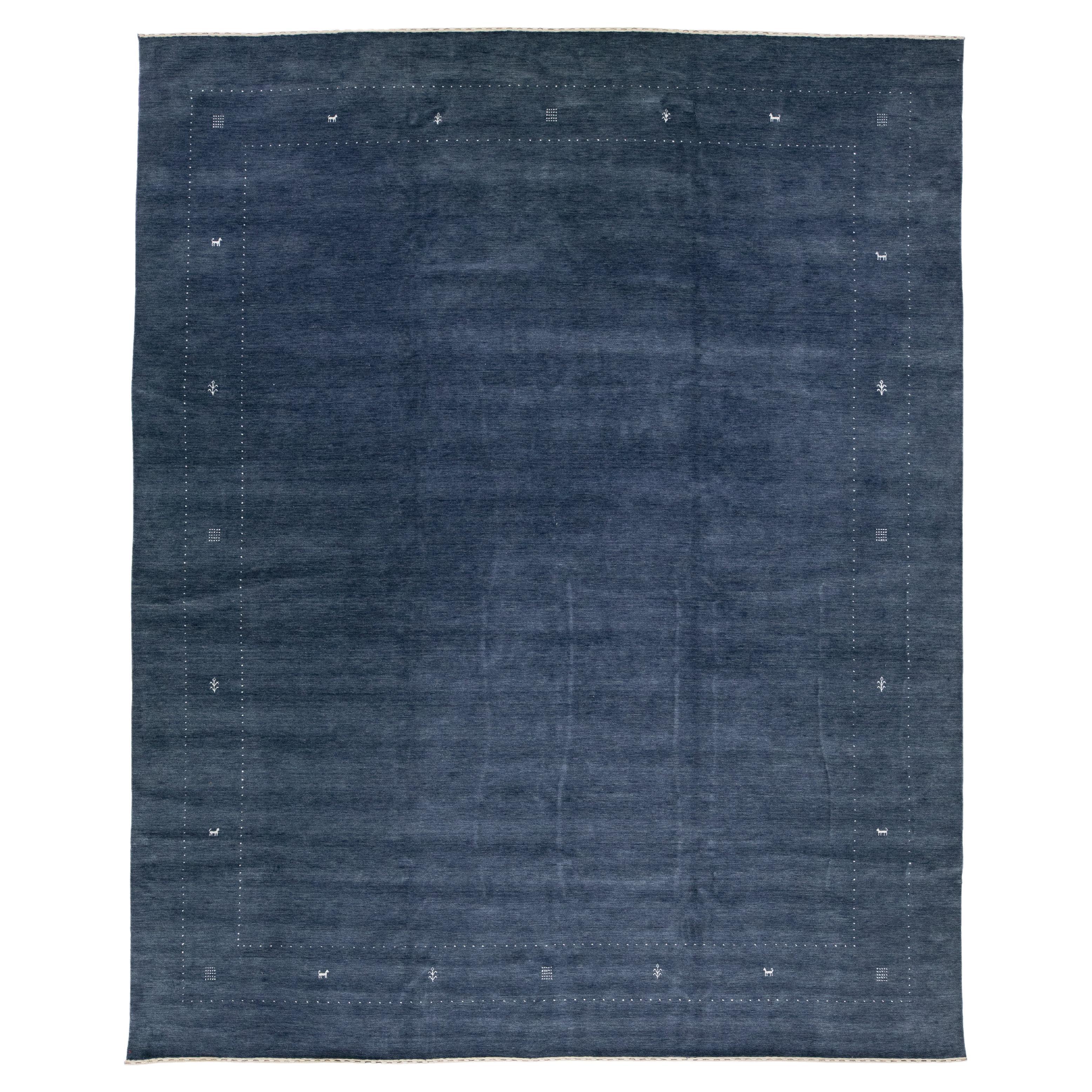 Minimalist Modern Gabbeh Handmade Persian Wool Rug with a Blue Field