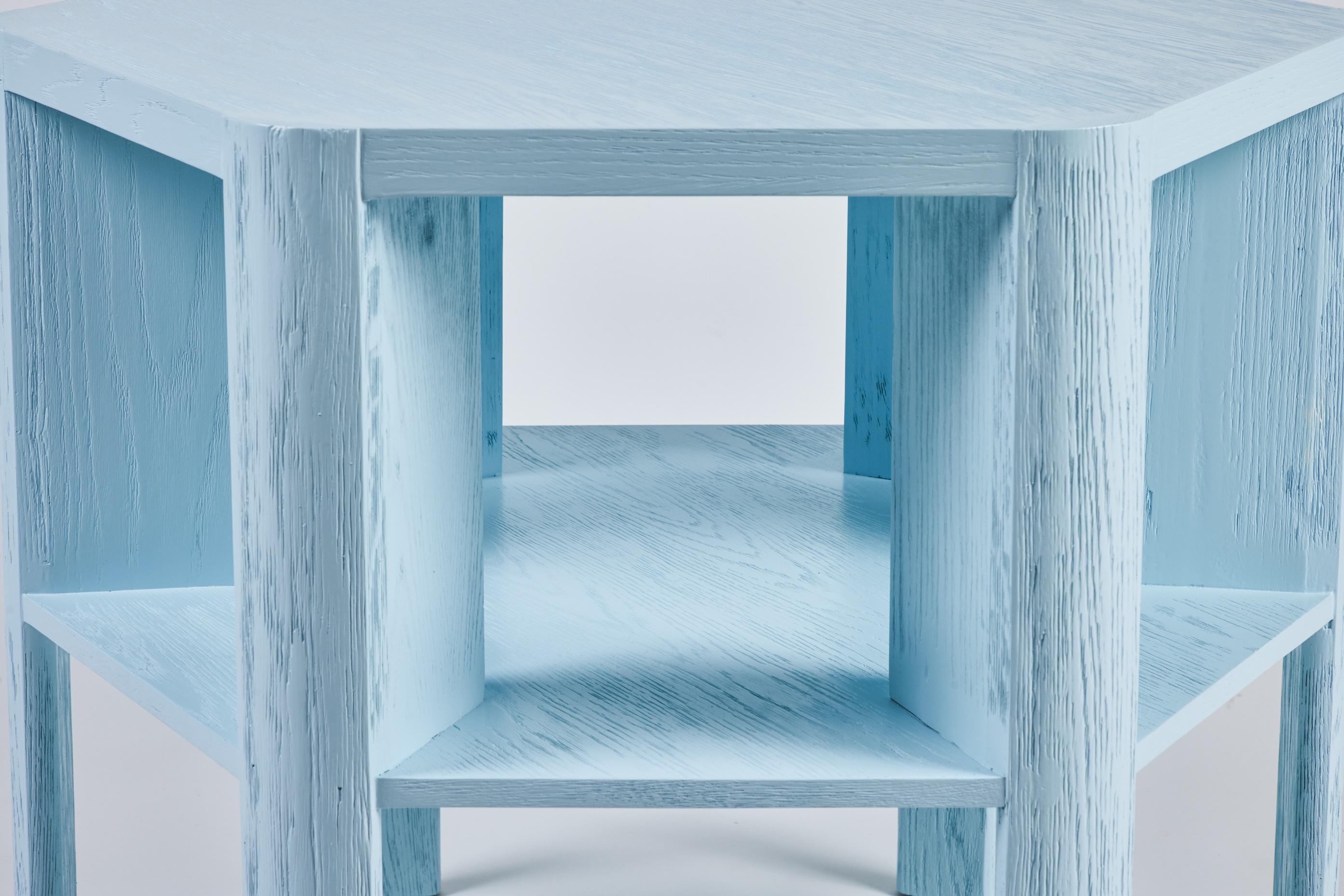 Minimalist Modern Lacquered Large Library Table Shown in Blue Fog on Oak For Sale 1