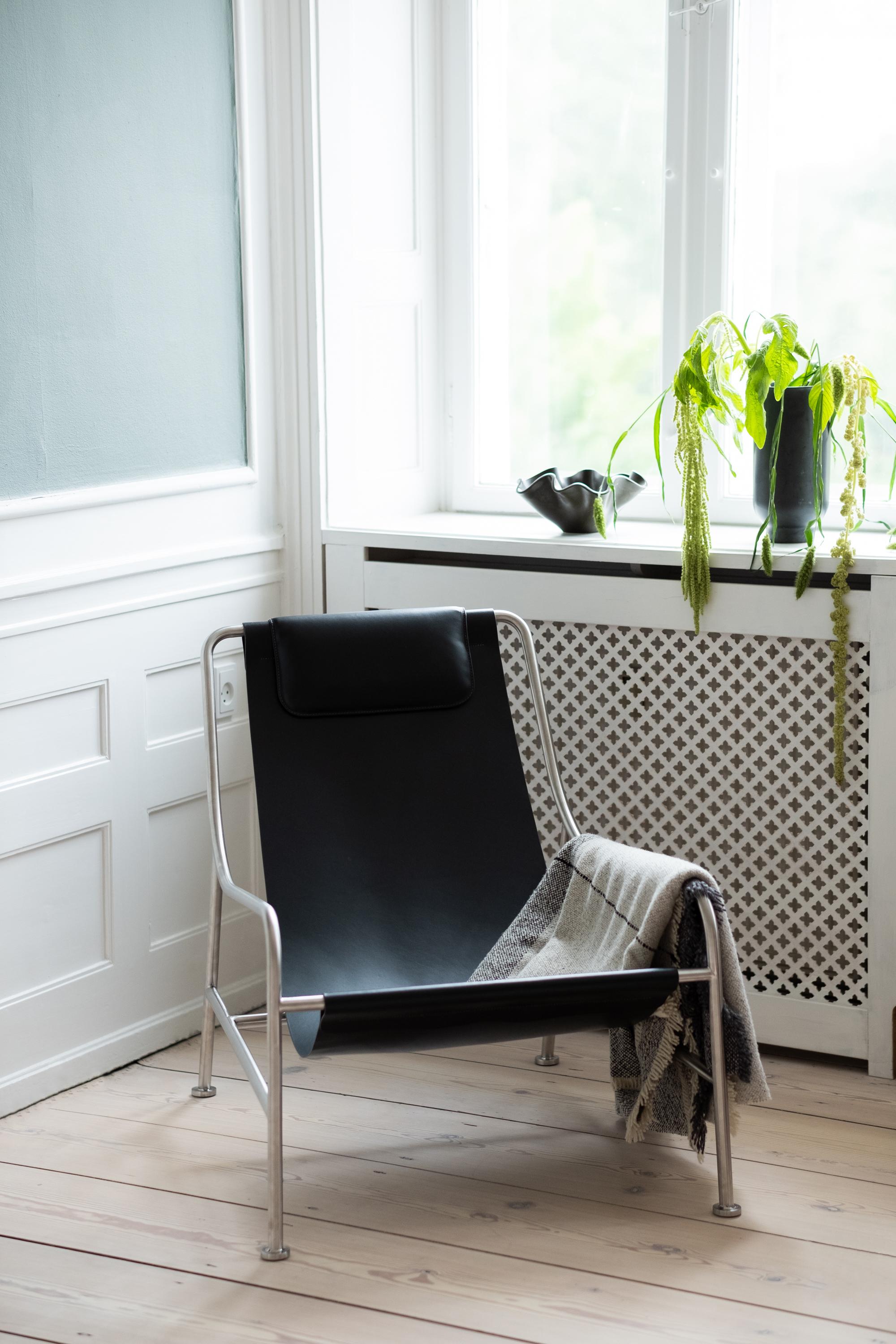 Portuguese Minimalist Modern Lounge Chair in Black Leather and Brushed Stainless Steel For Sale