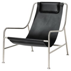 Minimalist Modern Lounge Chair in Black Leather and Brushed Stainless Steel