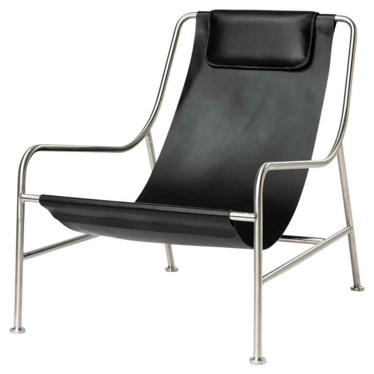 Minimalist Modern Lounge Chair in Black Leather and Brushed Stainless Steel For Sale