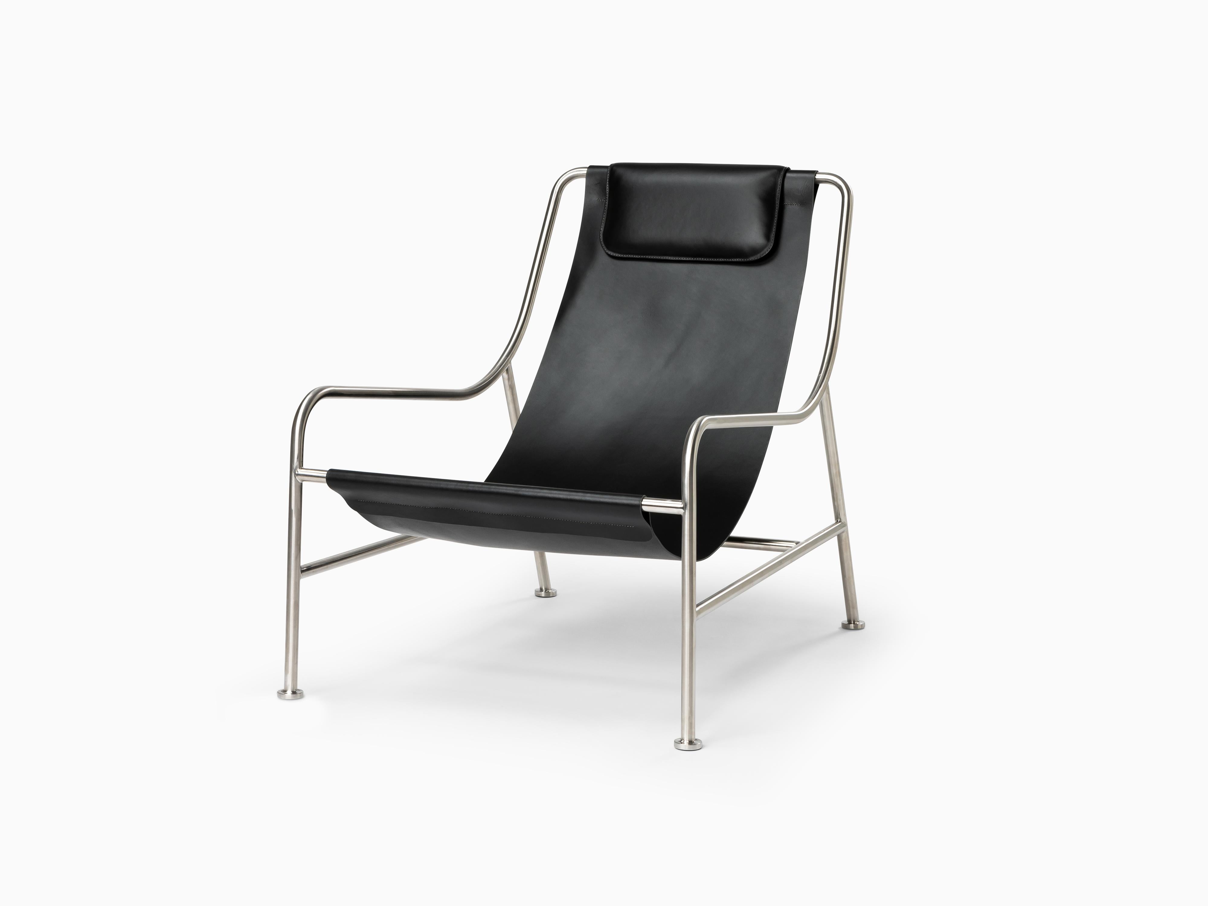 Minimalist Modern Lounge Chair in Black Leather and Polished Stainless Steel For Sale 3