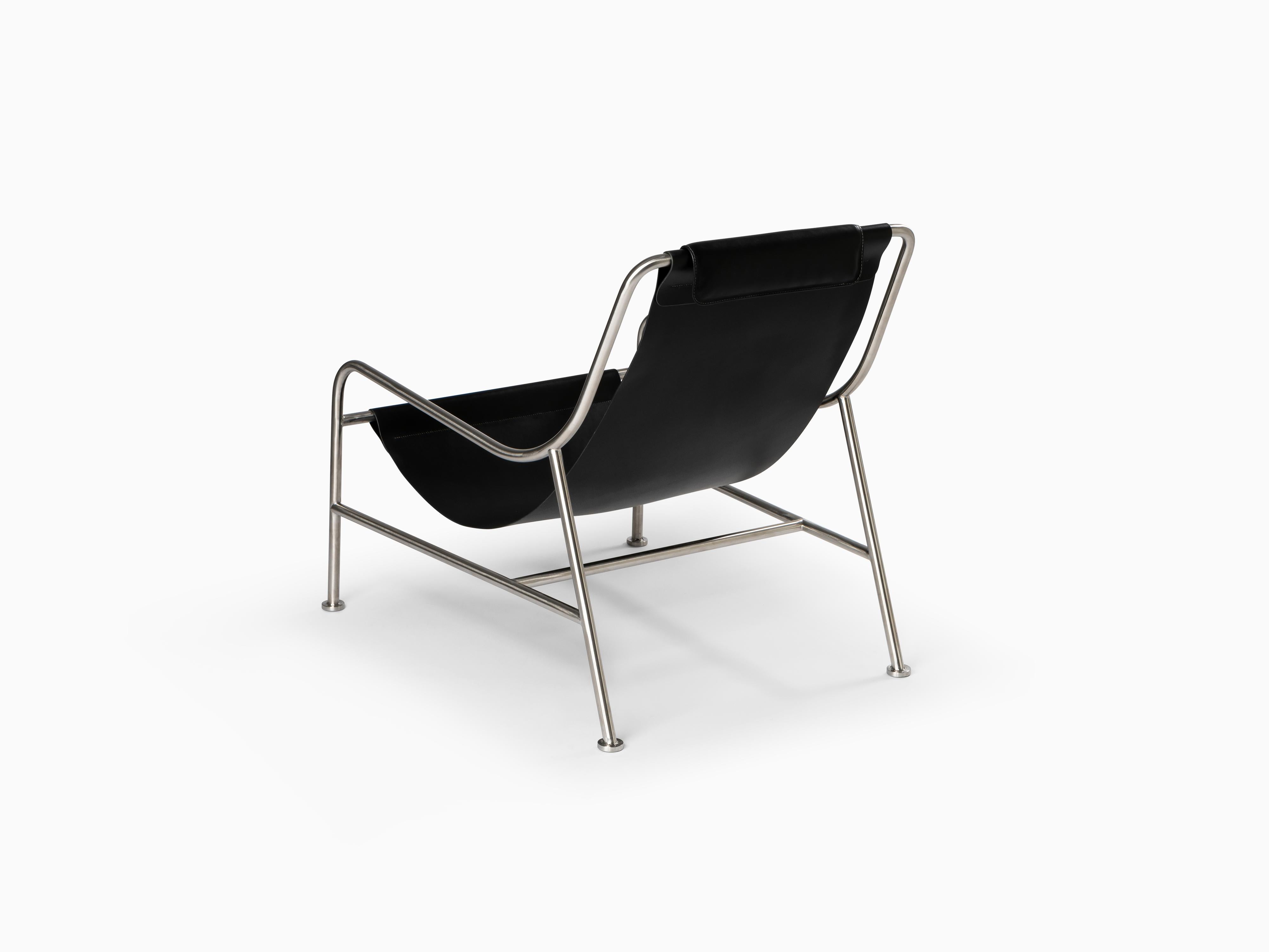Minimalist Modern Lounge Chair in Black Leather and Polished Stainless Steel For Sale 4
