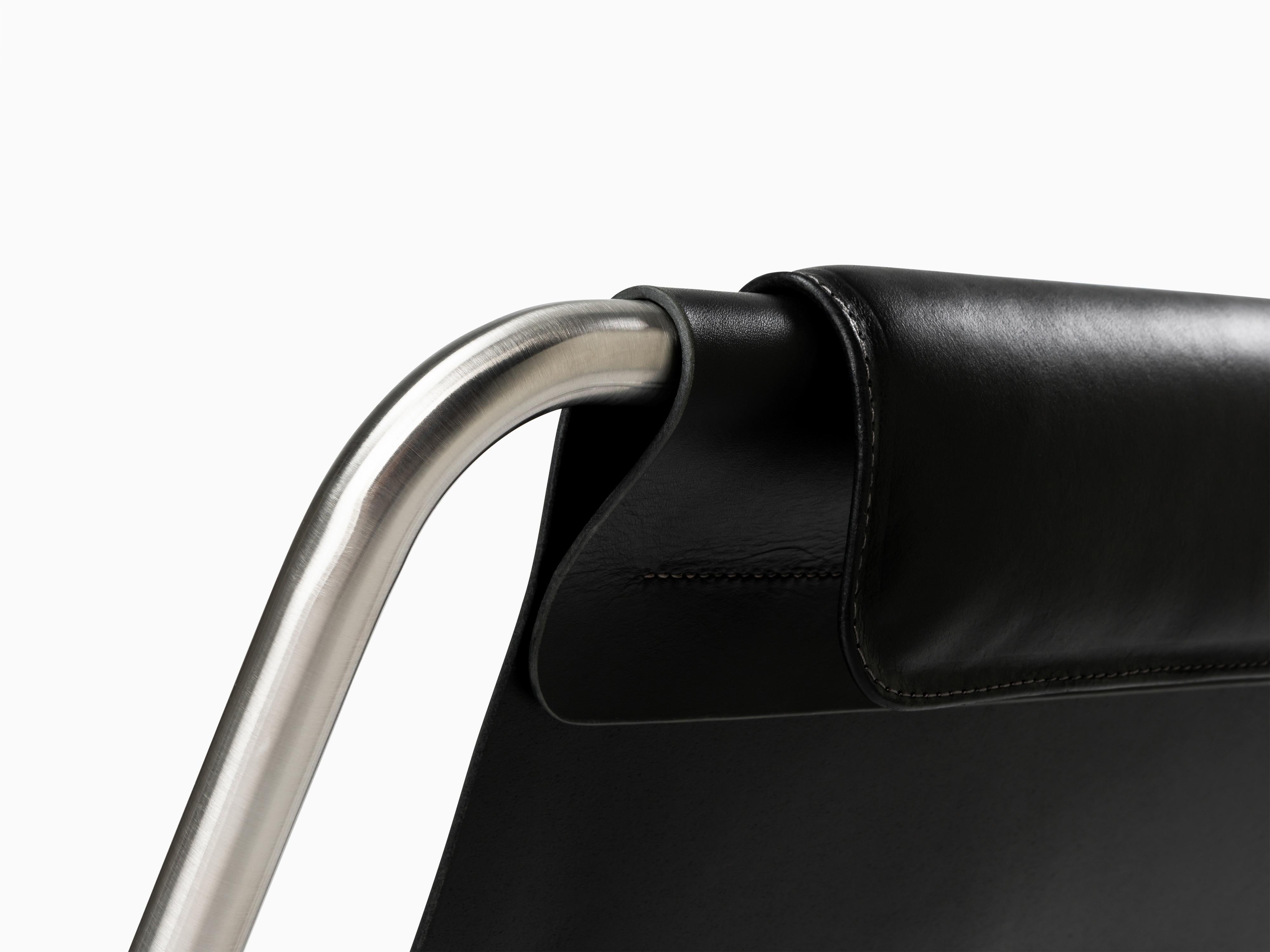 Minimalist Modern Lounge Chair in Black Leather and Polished Stainless Steel For Sale 5