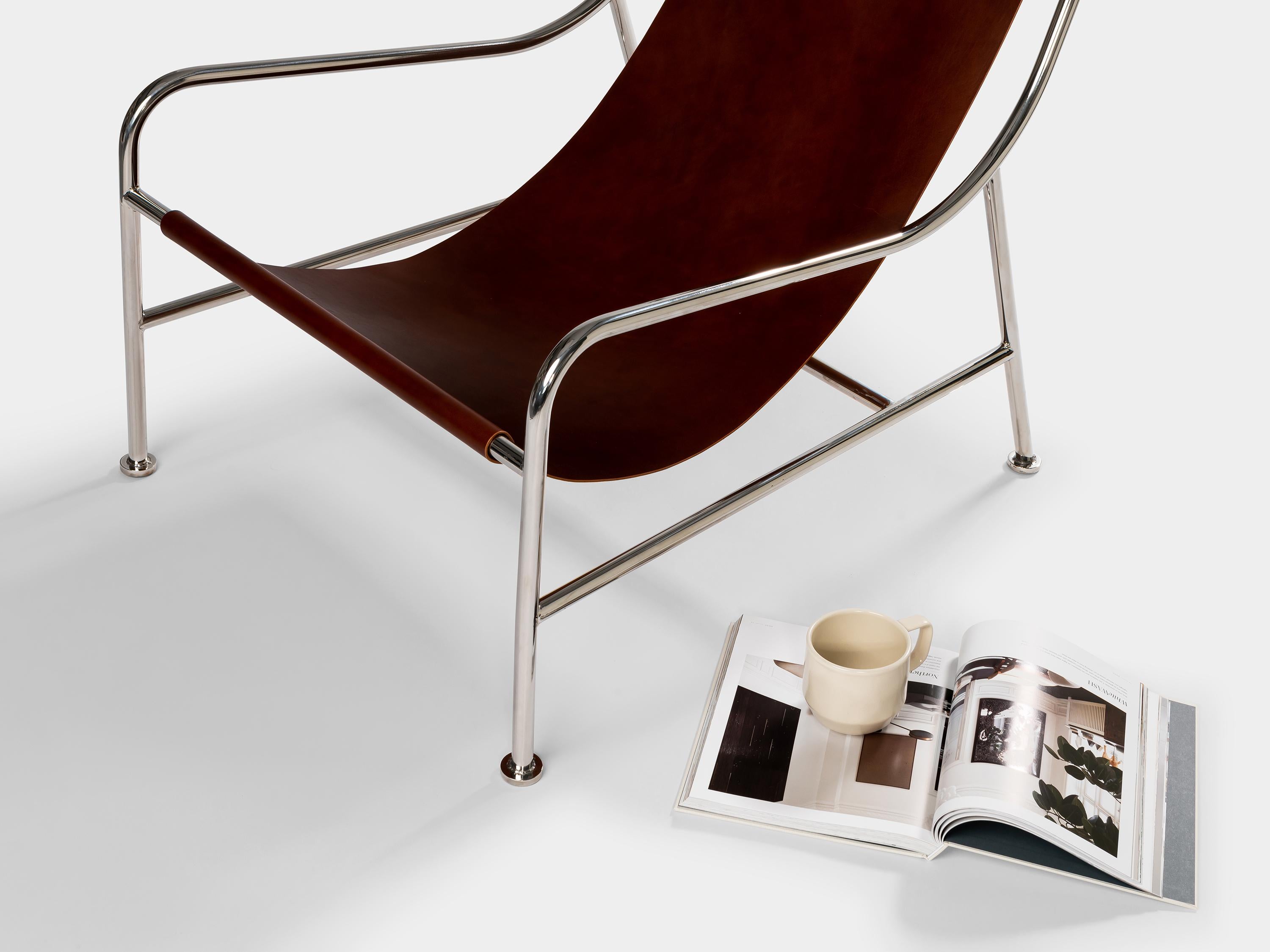 Portuguese Minimalist Modern Lounge Chair in Brown Leather and Polished Stainless Steel For Sale