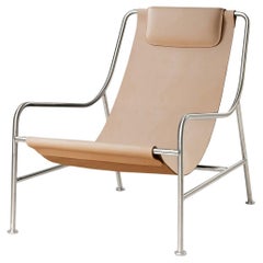 Minimalist Modern Lounge Chair in Natural Leather and Brushed Stainless Steel