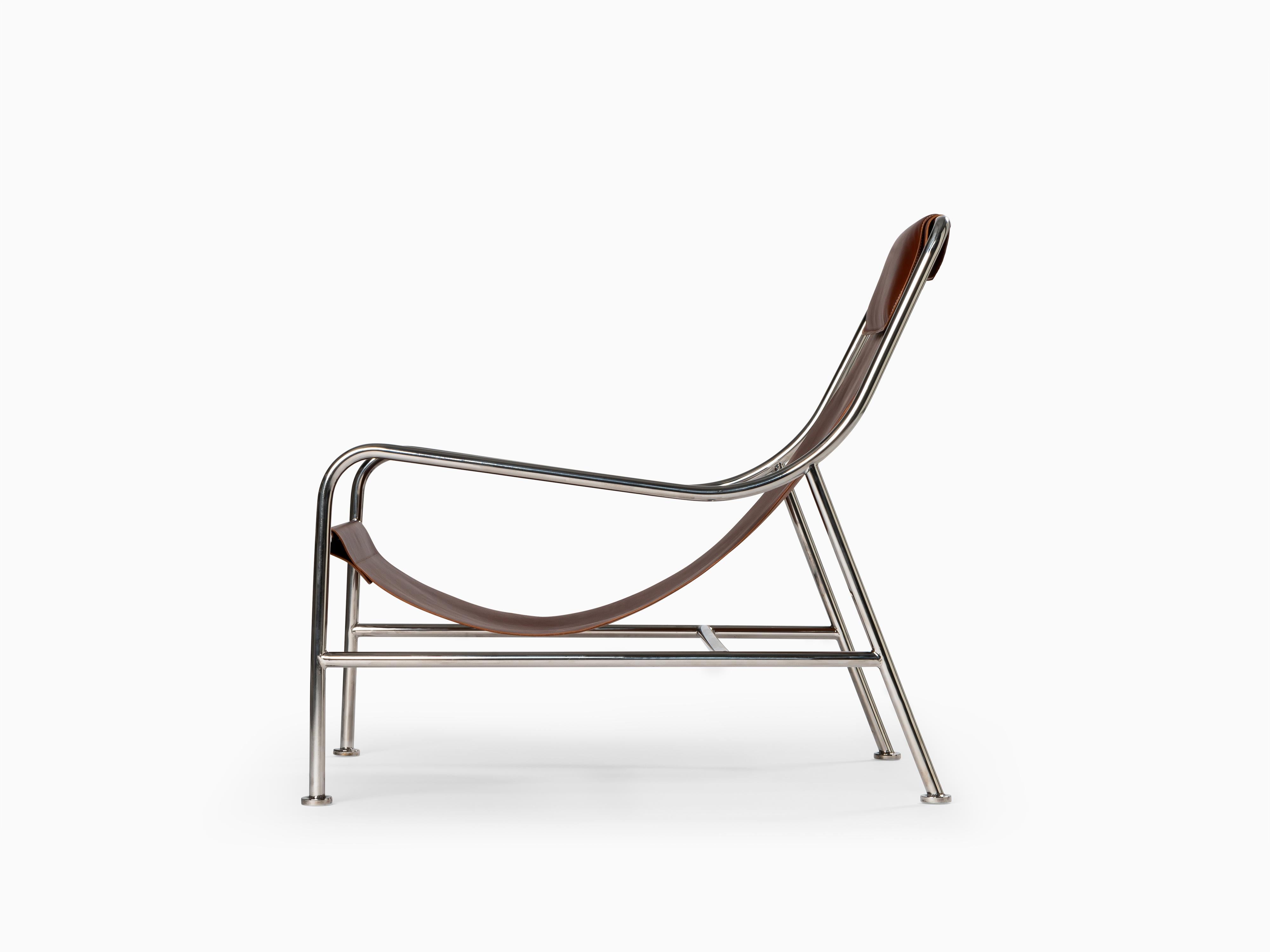 Minimalist Modern Lounge Chair in Natural Leather and Polished Stainless Steel For Sale 2