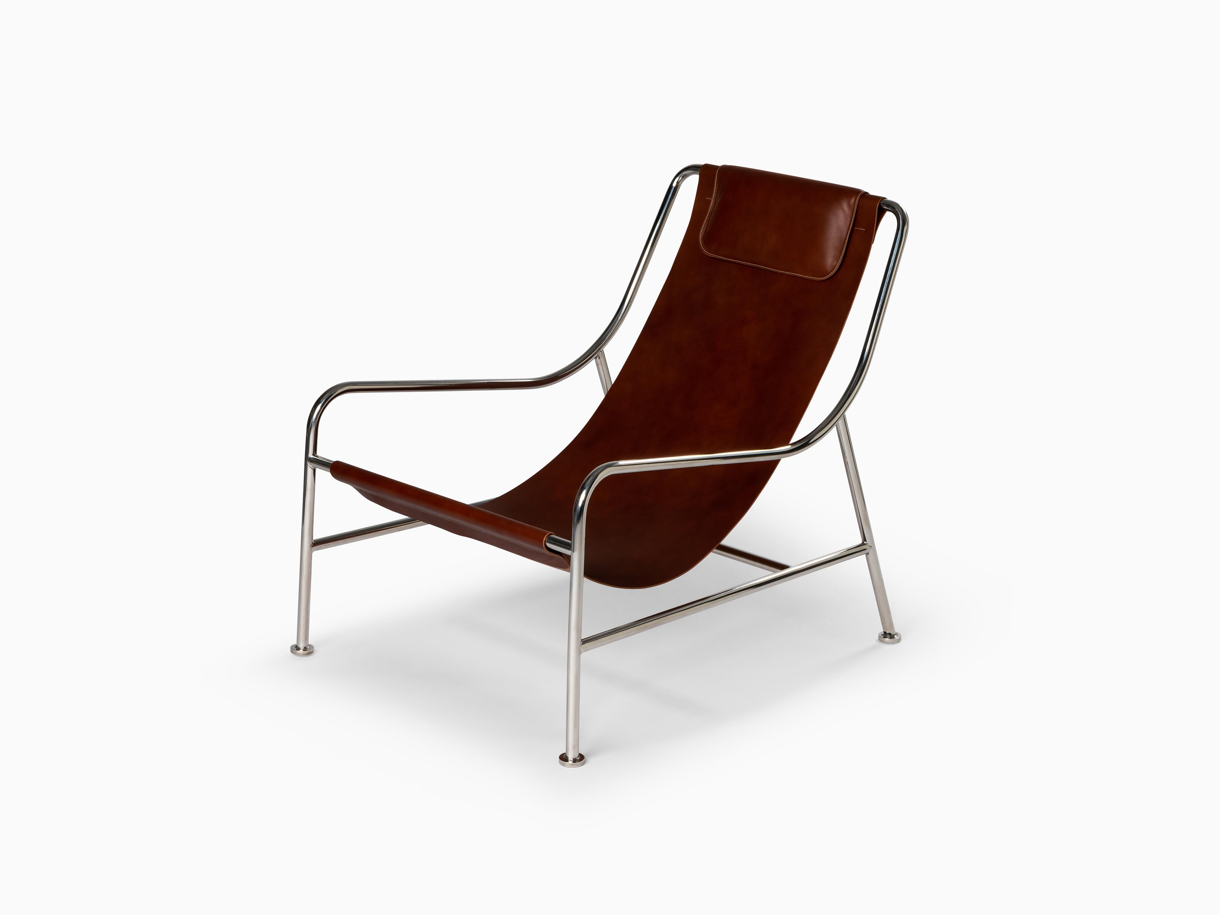 Minimalist Modern Lounge Chair in Natural Leather and Polished Stainless Steel For Sale 3