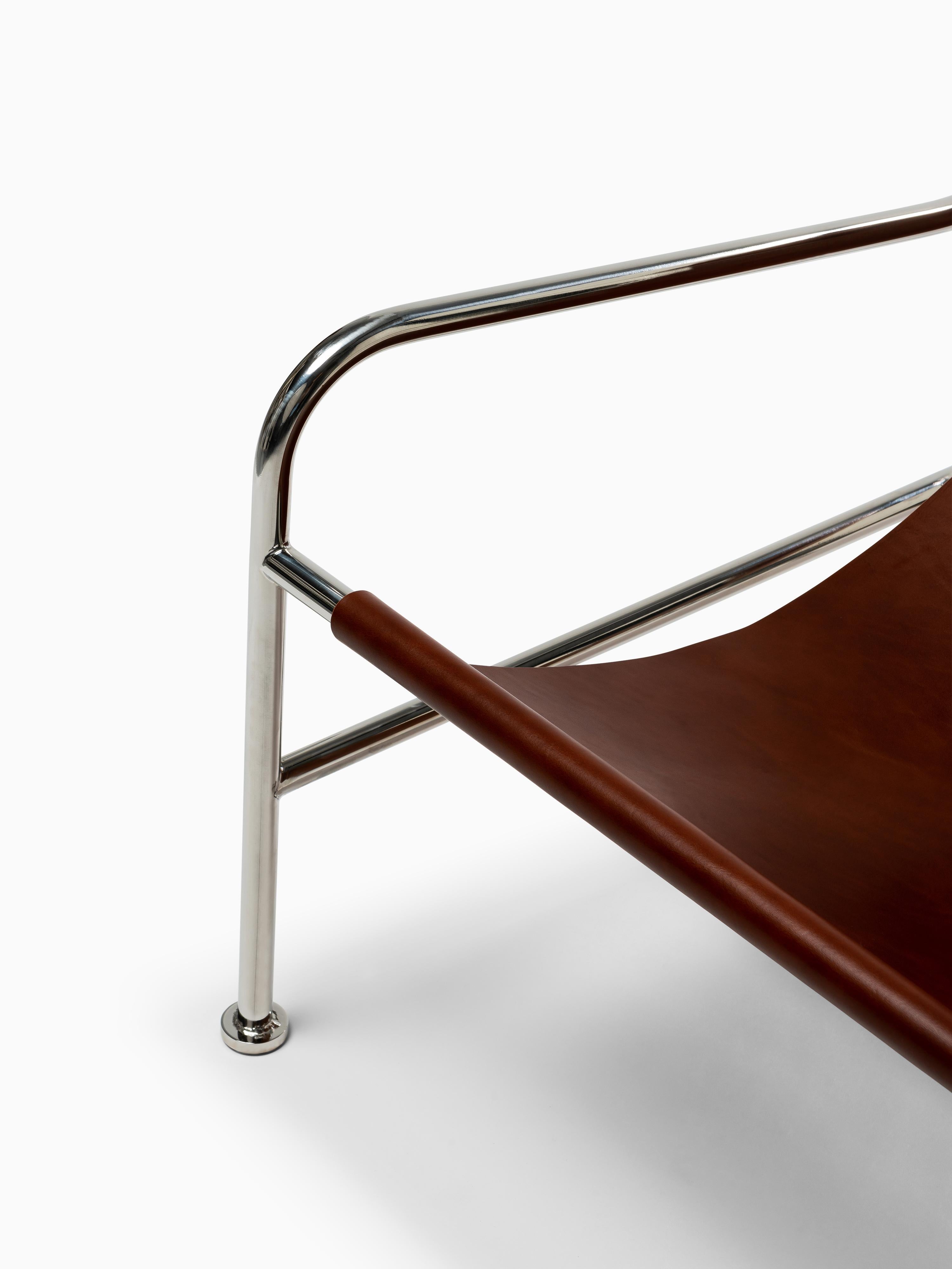Minimalist Modern Lounge Chair in Natural Leather and Polished Stainless Steel For Sale 4