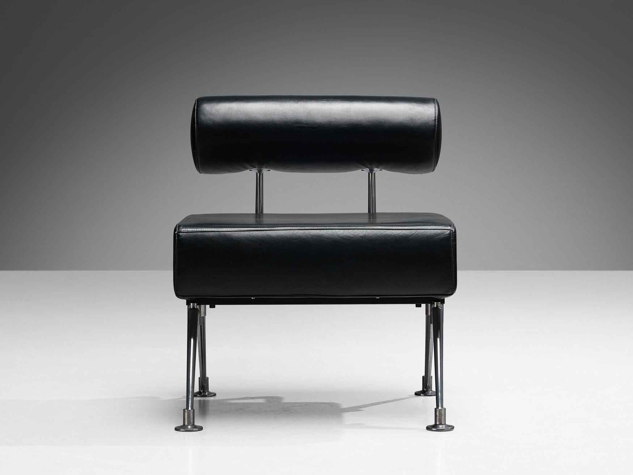European Minimalist Modern Lounge Chair with Metal Frame and Black Leather For Sale