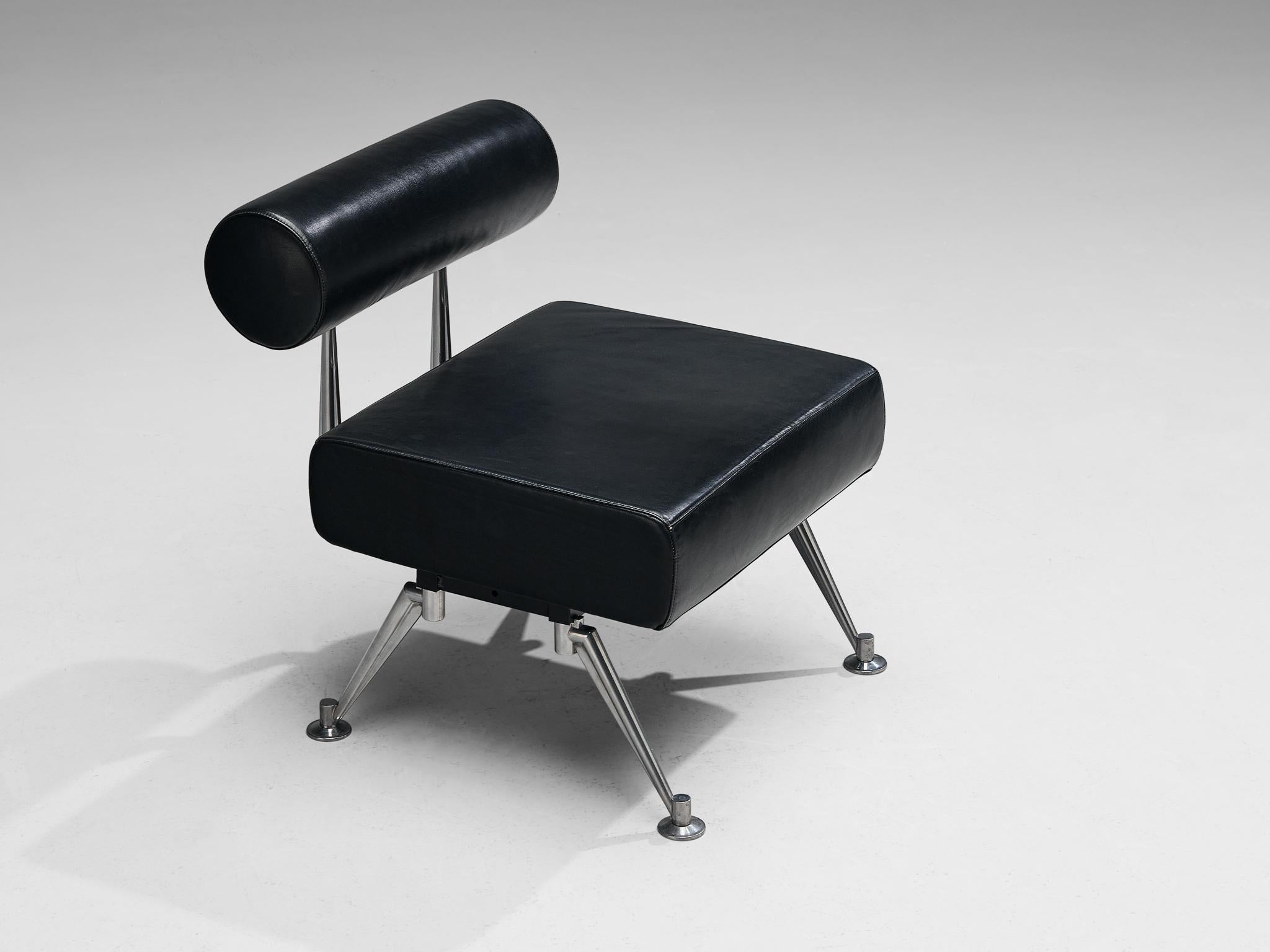 Late 20th Century Minimalist Modern Lounge Chair with Metal Frame and Black Leather For Sale