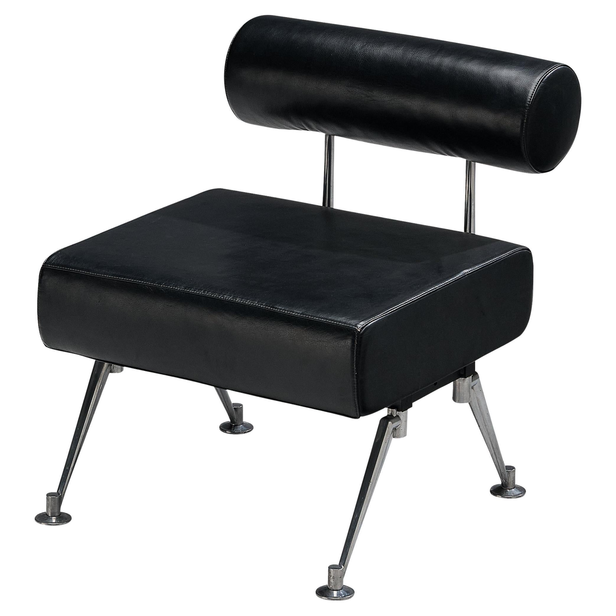 Minimalist Modern Lounge Chair with Metal Frame and Black Leather For Sale
