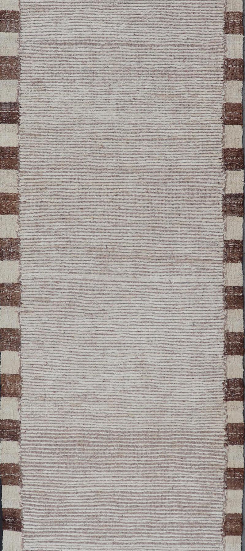 Hand-Knotted Minimalist Modern Moroccan Style Tribal Runner with Subtle Earthy Tones For Sale