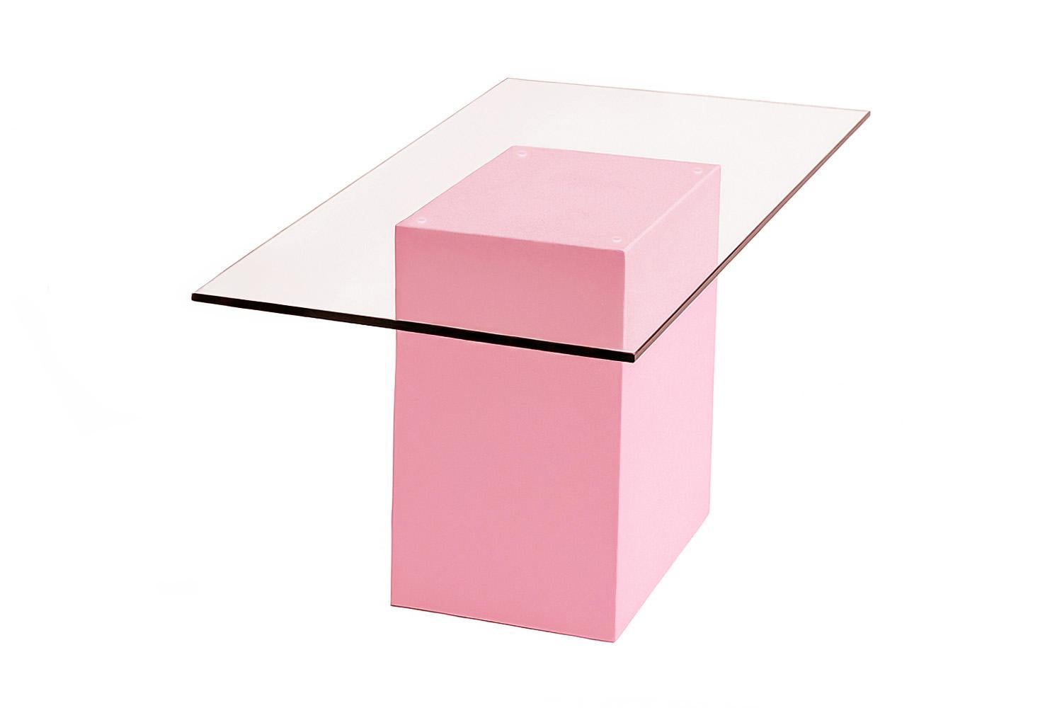 Portuguese Minimalist Modern Pink Lacquer and Glass Dining Table Aire For Sale