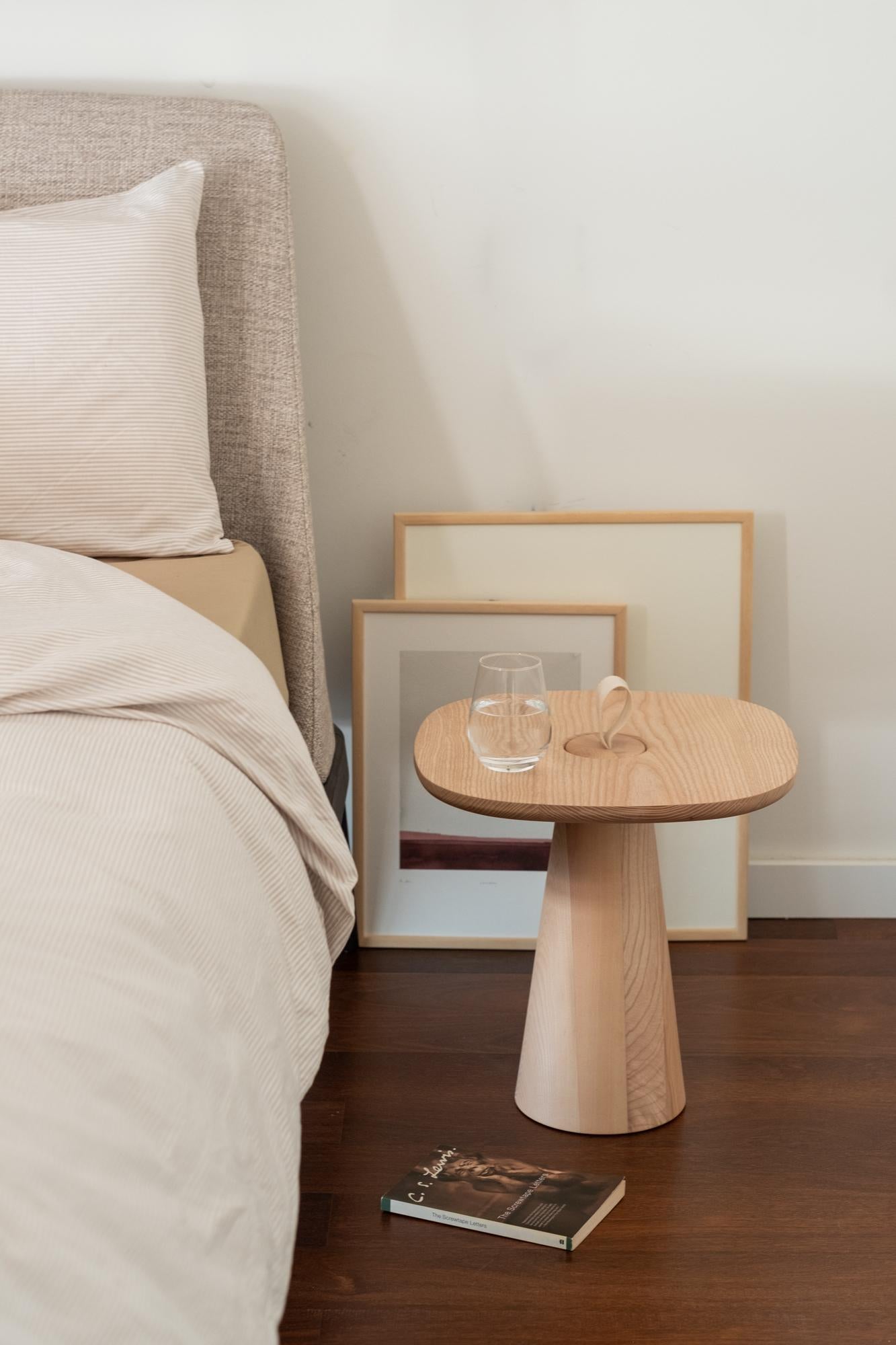 Minimalist Modern Side Table in Natural Ash and Natural Cotton Strap For Sale 2