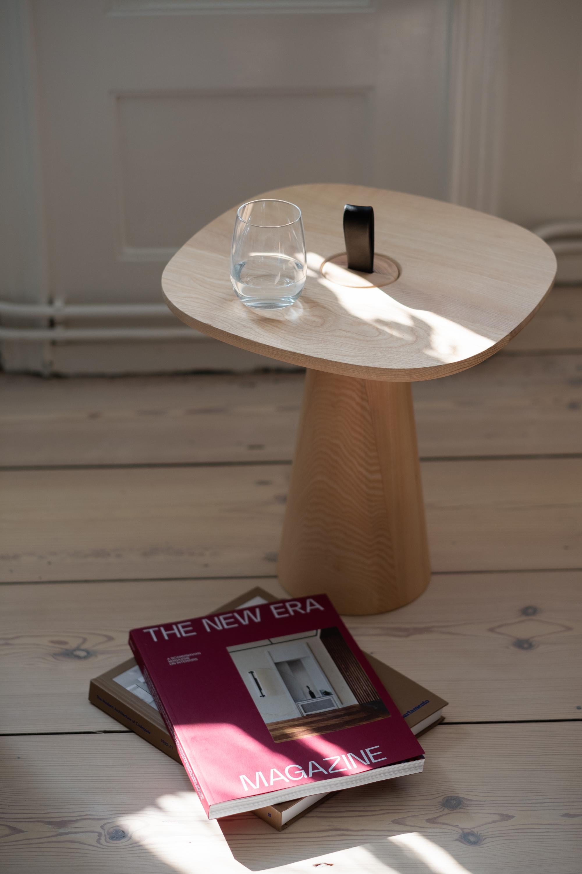 Machine-Made Minimalist Modern Side Table in Natural Oak and Leather Strap For Sale